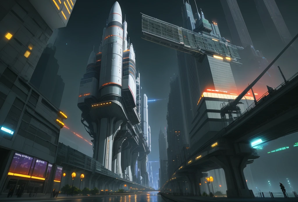 There is a space station model with a rocket on top, Russian orbital city cityscape inspired by Robert McCall, metaverse concept art, river. Highly detailed concept art, streets, city night scenes, LCD screens, vegetation, plants, game assets, game scenes, technology
