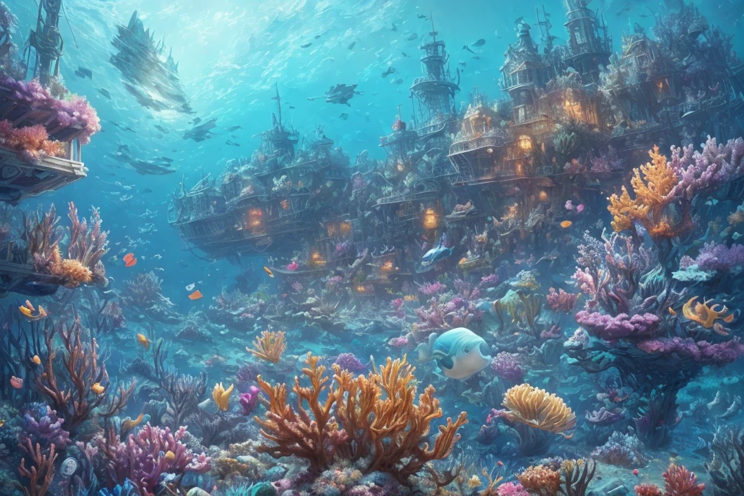 under the sea, best quality, high quality, extremely detailed CG unity 8k wallpaper,  oil paiting, shipwrecks, bloom