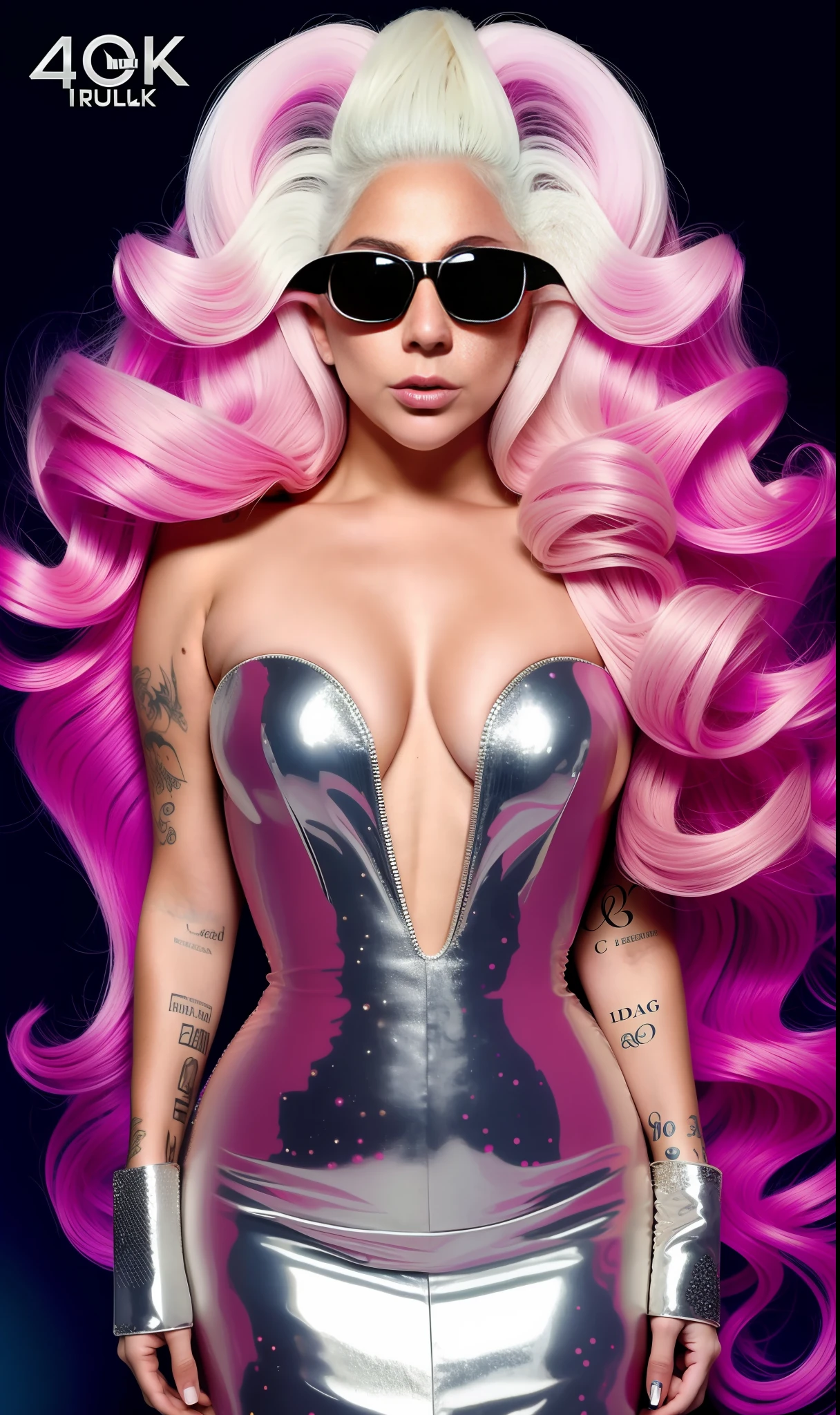 Lady gaga photo, 4K texture, long hair, high quality, extravagant hairstyle, original album cover, futuristic dress