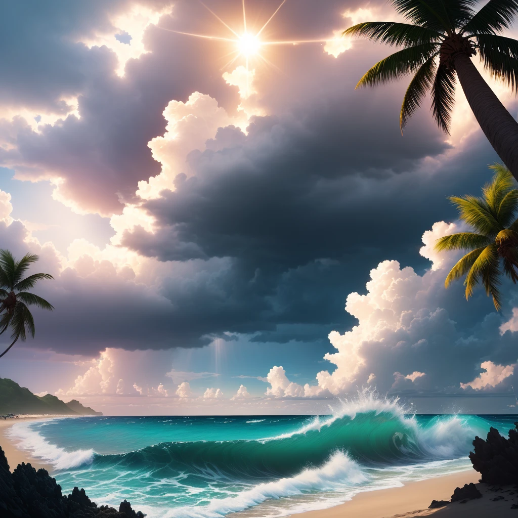 Award-winning deserted island, palm trees, golden sand, beautiful clear water, (ocean), ((waves)), storm, ((dark storm clouds)), fluffy clouds in the sky, (paint splatter: 1.3 ), (splash: 1.2), outrun, vaporware, shaded flat illustration, digital art, trending on artstation, very detailed, fine detail, intricate, ((lens flare)), (backlight), (flare)