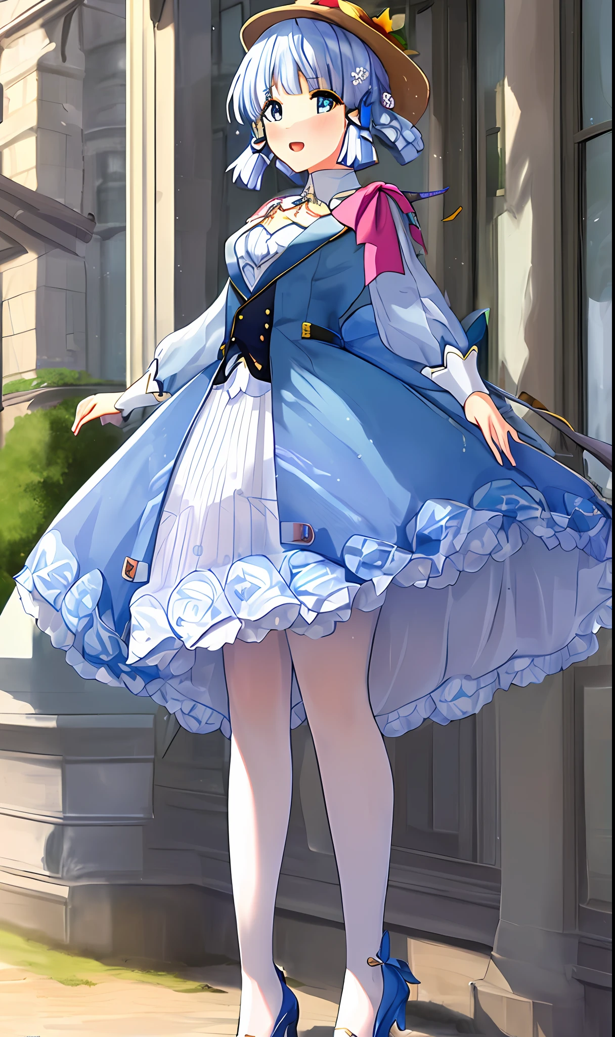 (masterpiece, best quality, super detailed, high resolution), perfect face, side light, shiny skin, standing, (bloom), (shine), lighting, ray tracing, sci-fi, city, street, outdoor , depth of field, blue eyes, high heels, water whirlwind, hair accessories, bangs, light blue hair, butterfly hair accessories, kamisato, kamisato ayaka\(heytea\), hat, single hair circle,