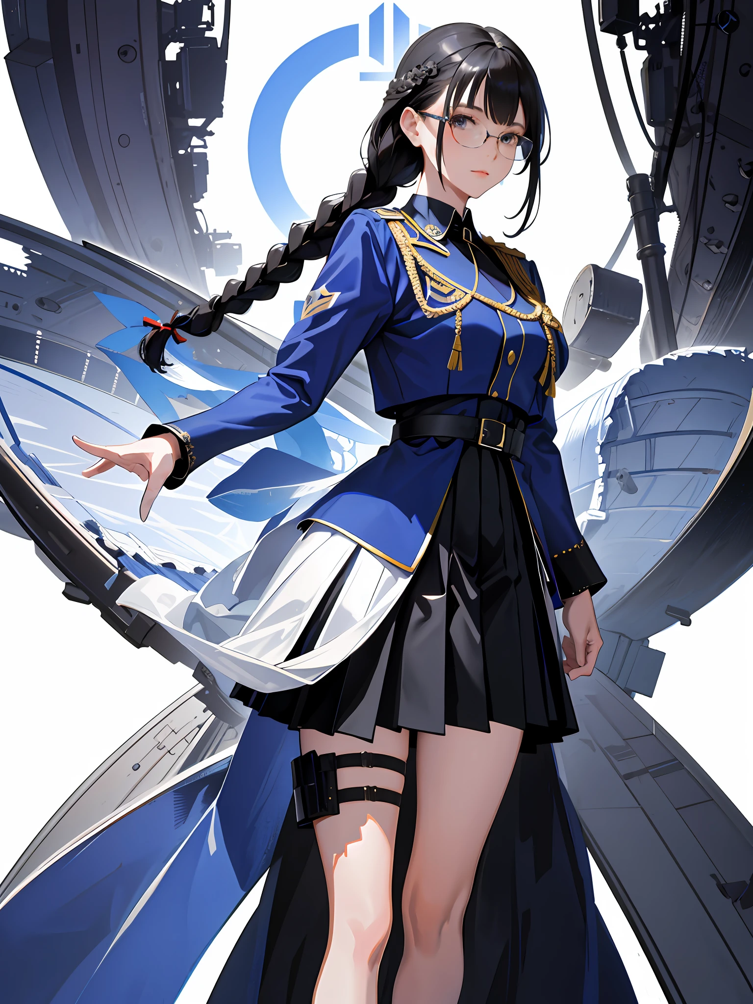(highest resolution, different_image), best quality, masterpiece, high detail, semi-realistic, black double-braided woman, mature woman, three-tiered bangs, blue uniform, blue pleated skirt, glasses. red, military uniform, standing in front of jet fighter, future, science fiction, universe