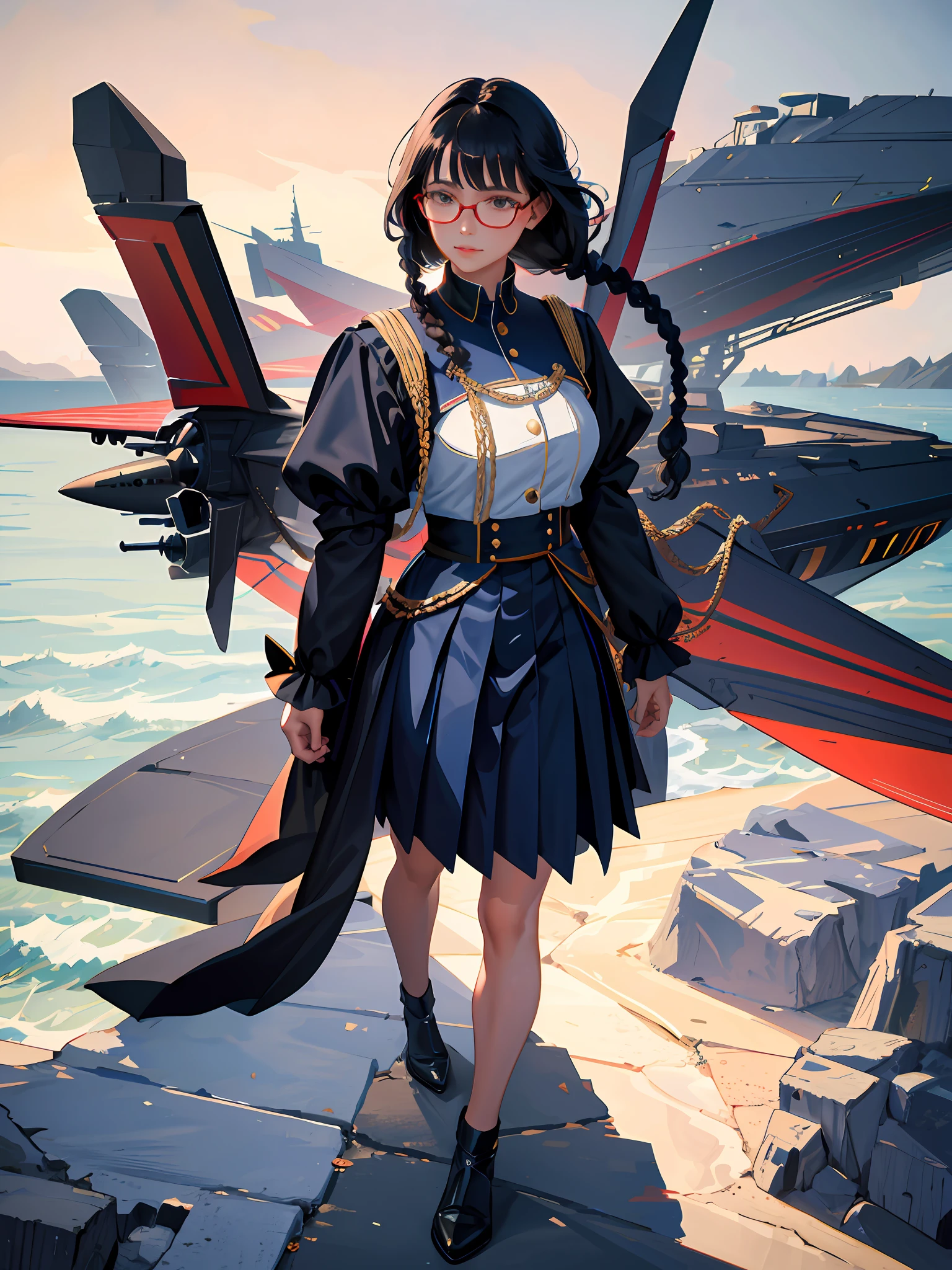 (highest resolution, different_image), best quality, masterpiece, high detail, semi-realistic, black double-braided woman, mature woman, three-tiered bangs, blue uniform, blue pleated skirt, glasses. red, military uniform, standing in front of jet fighter, future, science fiction, universe
