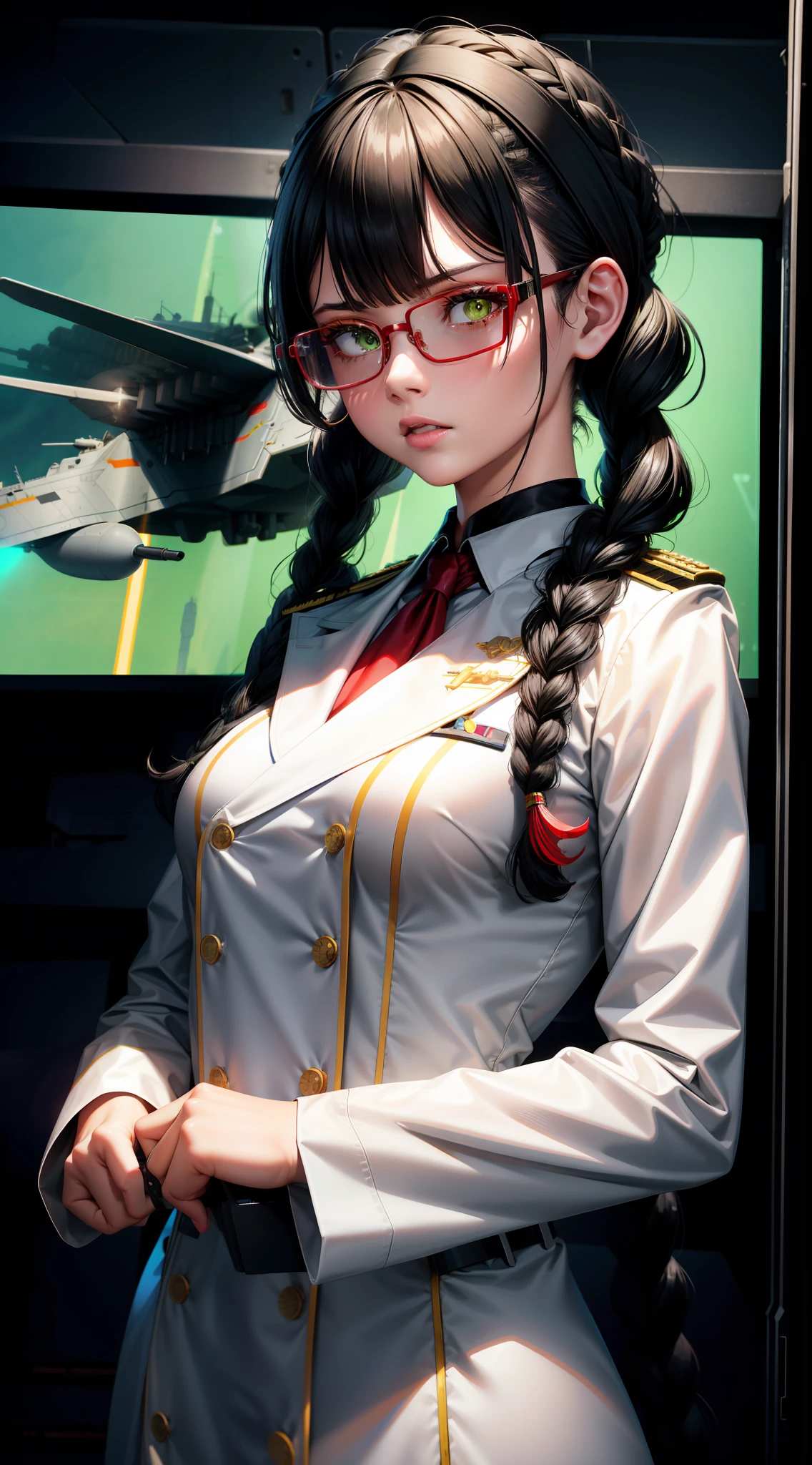 high definition,woman,small size,black hair,double braid hairstyle,bang bang,green eyes,red glasses,in formal dress,uniform,white coat,dark expression,warship,ship aircraft carrier, futuristic, science fiction, warplane, space, war