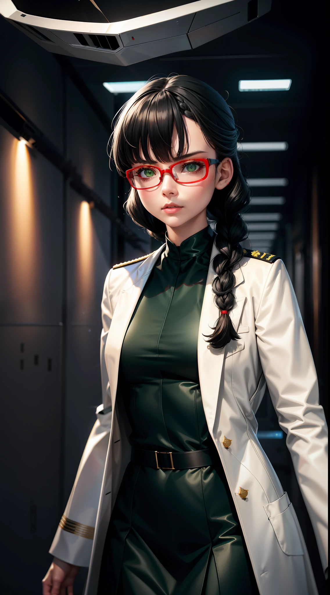 high definition,woman,small size,black hair,double braid hairstyle,bang bang,green eyes,red glasses,in formal dress,uniform,white coat,dark expression,warship,ship aircraft carrier, futuristic, science fiction, warplane, space, war