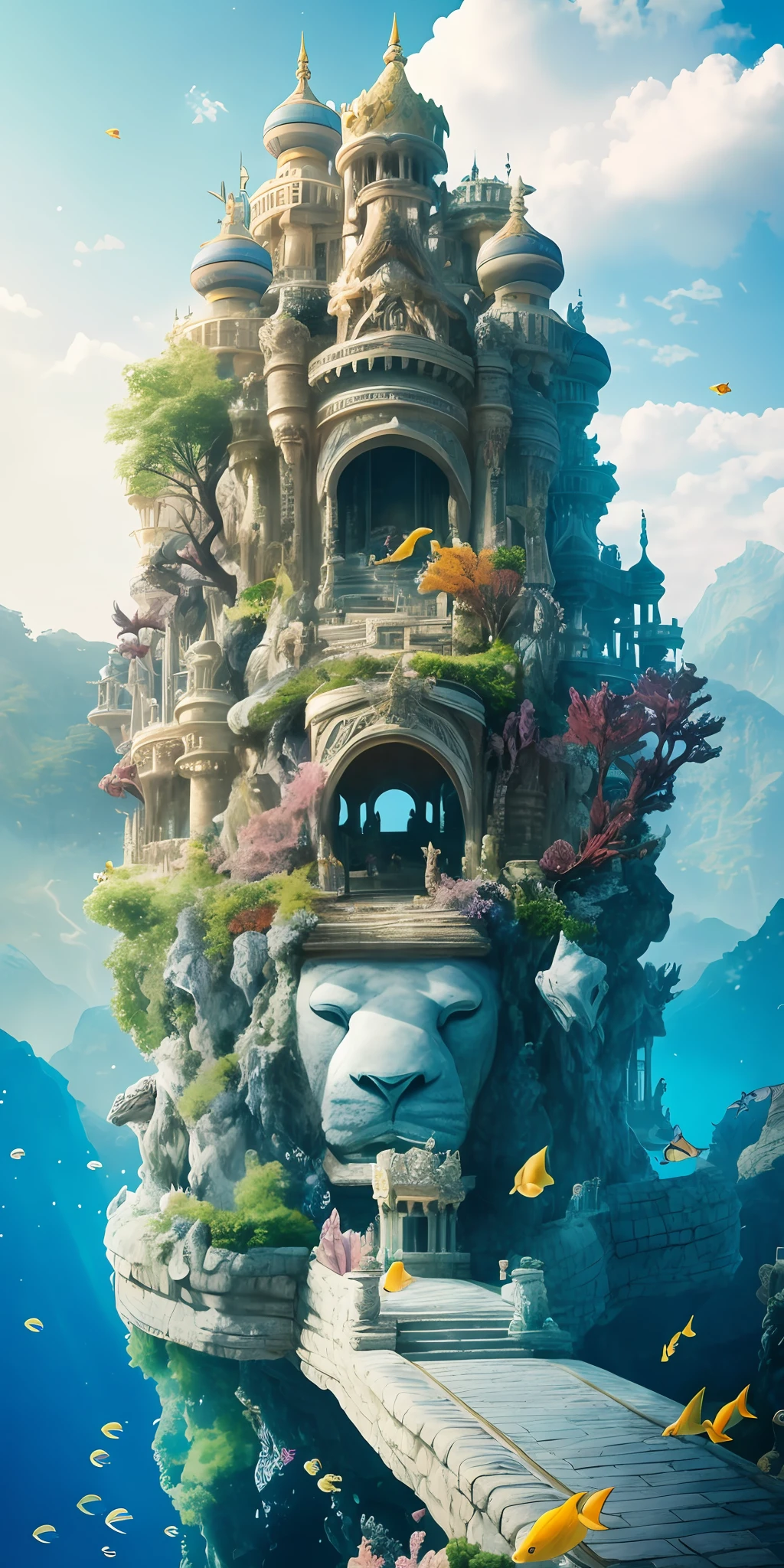The palace of the underwater world is built on the mountain, and a huge stone lion guards in front of the palace, showing the majesty of the king. The interior layout of the palace is exquisite, and the dragon pillars are carved with lifelike mysterious creatures, as if listening to everything in the palace. Every corner exudes a different atmosphere, there is a quiet river, and a quiet garden, with bright lights, shining like a starry sky. All kinds of fish swimming in the water are dancing, and the colorful corals and shells are like works of art, adorning the entire underwater world palace. Here, it seems to have traveled to a mysterious and wonderful kingdom.