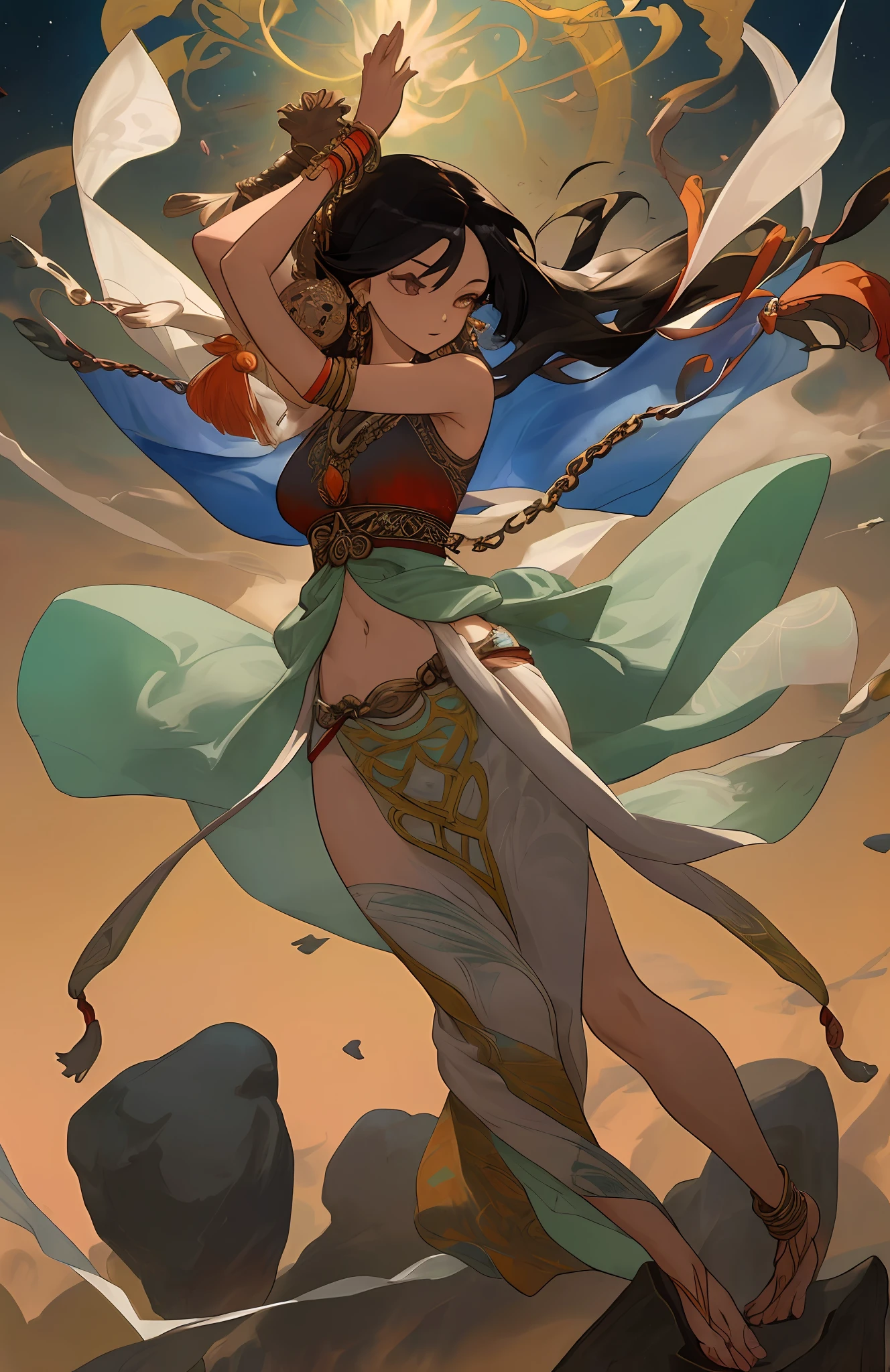 A beautiful woman with both hands up a huge rock mass flying into the sky, holding the rock mass, Dunhuang flying fresco inspiration, gorgeous clothing embroidered with complex embroidery, flowing gauze, arms tied with long and colorful transparent streamers, exposing her navel, shoulders, neck, thick black straight hair, arm ring, necklace, bracelet, ankle chain, metal chain tassel around the waist, ink, Masterpiece, recent quality, HD detail, 32K