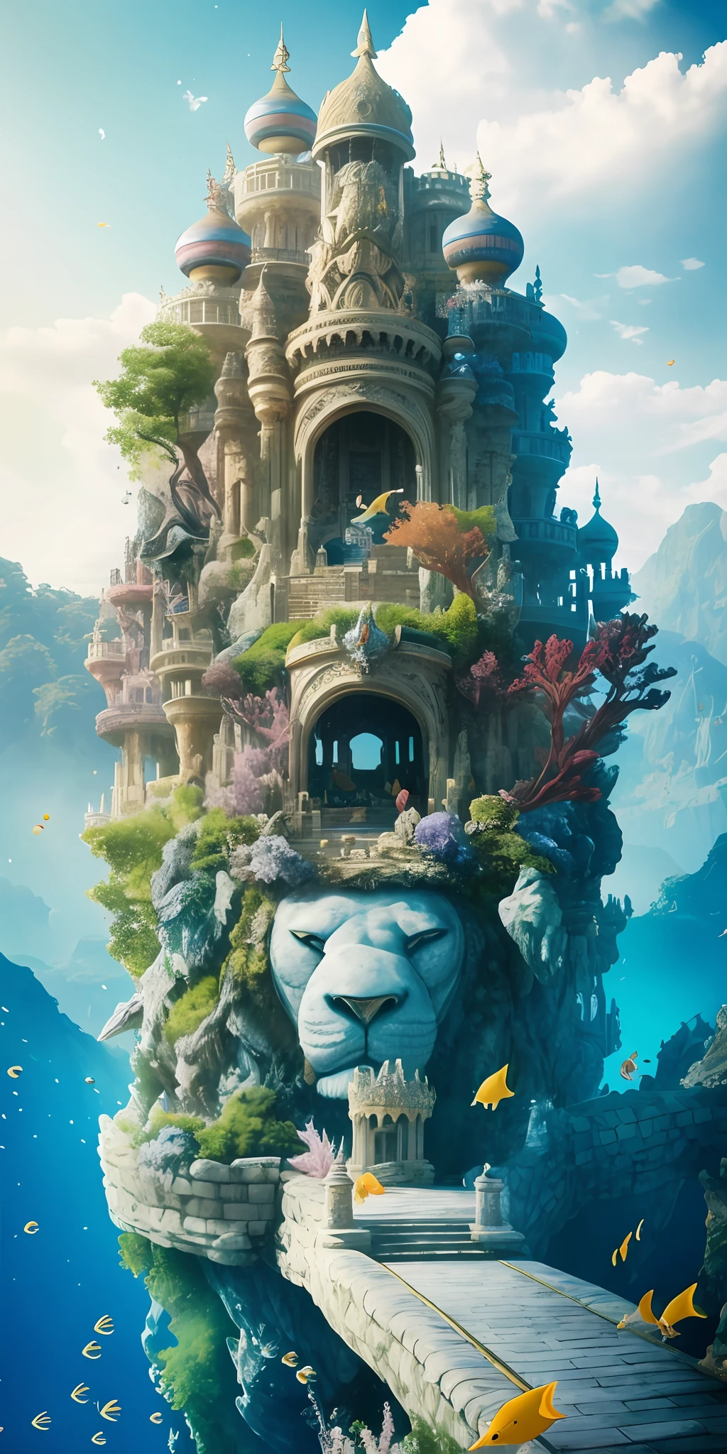 The palace of the underwater world is built on the mountain, and a huge stone lion guards in front of the palace, showing the majesty of the king. The interior layout of the palace is exquisite, and the dragon pillars are carved with lifelike mysterious creatures, as if listening to everything in the palace. Every corner exudes a different atmosphere, there is a quiet river, and a quiet garden, with bright lights, shining like a starry sky. All kinds of fish swimming in the water are dancing, and the colorful corals and shells are like works of art, adorning the entire underwater world palace. Here, it seems to have traveled to a mysterious and wonderful kingdom. Countless fish, sharks, turtles, and bubbles floating around