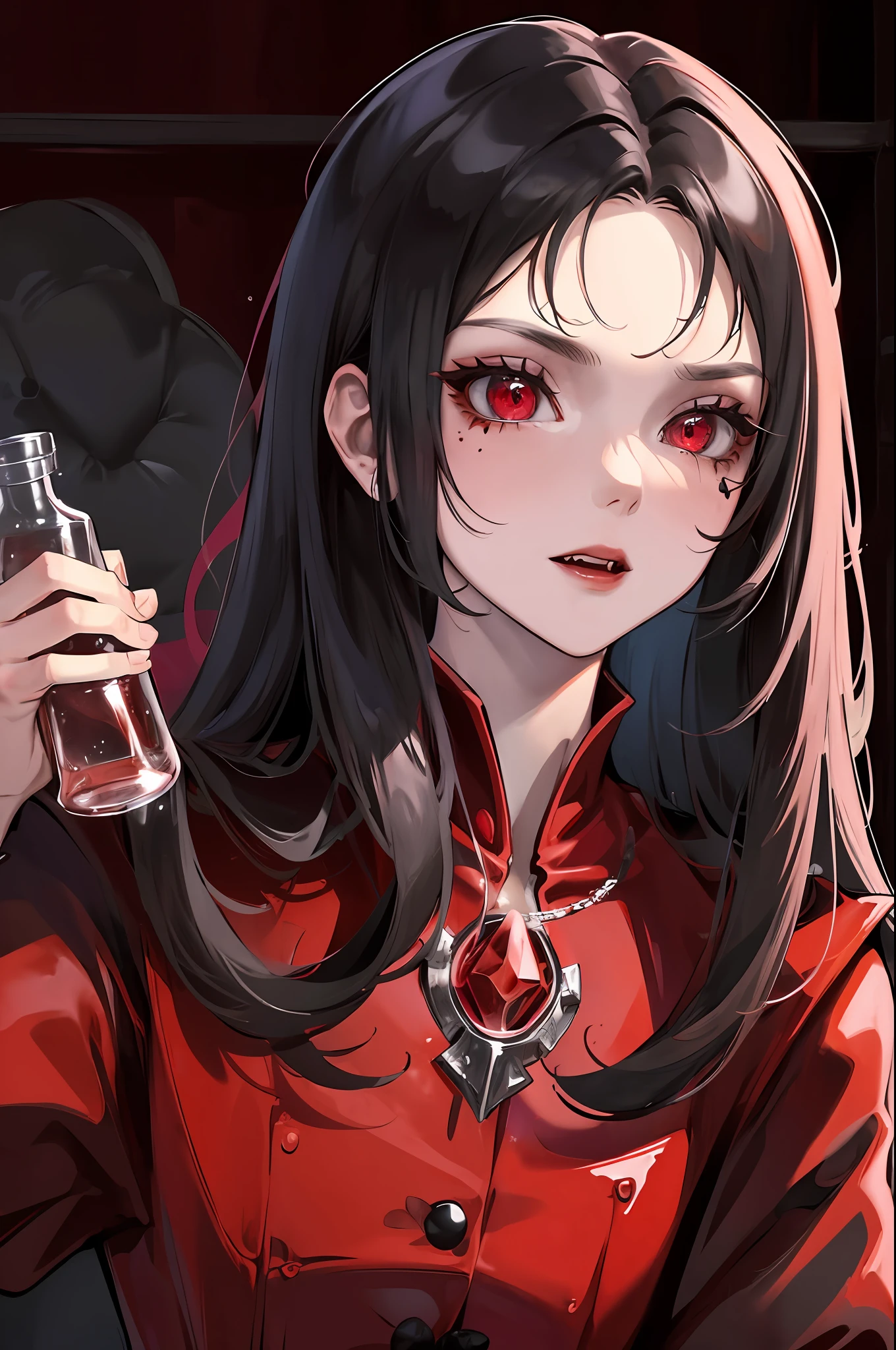 vampire, red alchemy potions, red alchemy potion, potion bottle, glowing red potion, masterpiece, best quality, ultra-detailed, illustration, ultra-detailed face, best quality face, evil, 30 years old, adult, 1girl, 30 years old, no human, black hair, alchemy outfit, intricate detailed outfit