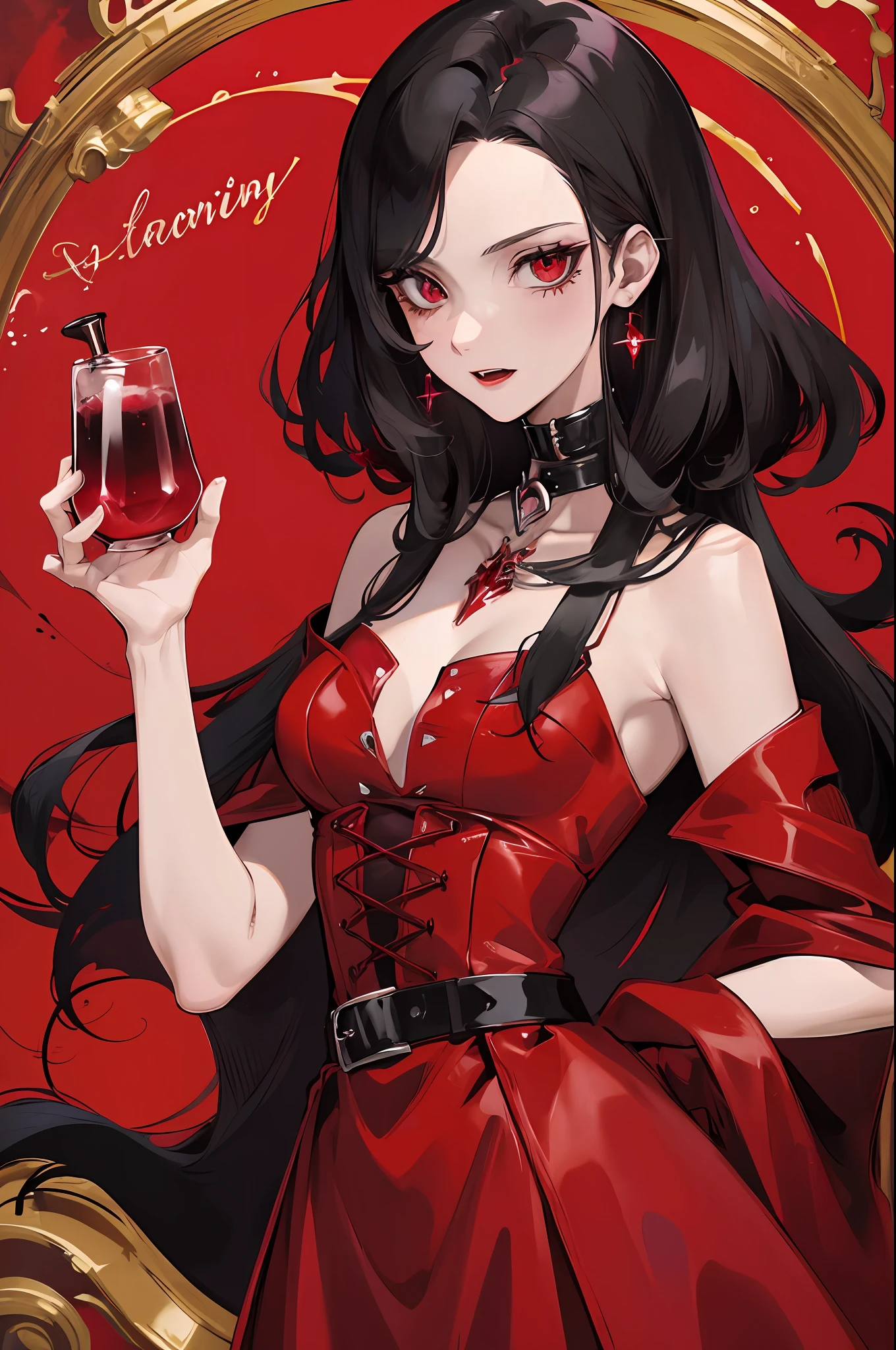 vampire, red alchemy potions, red alchemy potion, potion bottle, glowing red potion, masterpiece, best quality, ultra-detailed, illustration, ultra-detailed face, best quality face, evil, 30 years old, adult, 1girl, 30 years old, no human, black hair, alchemy outfit, intricate detailed outfit