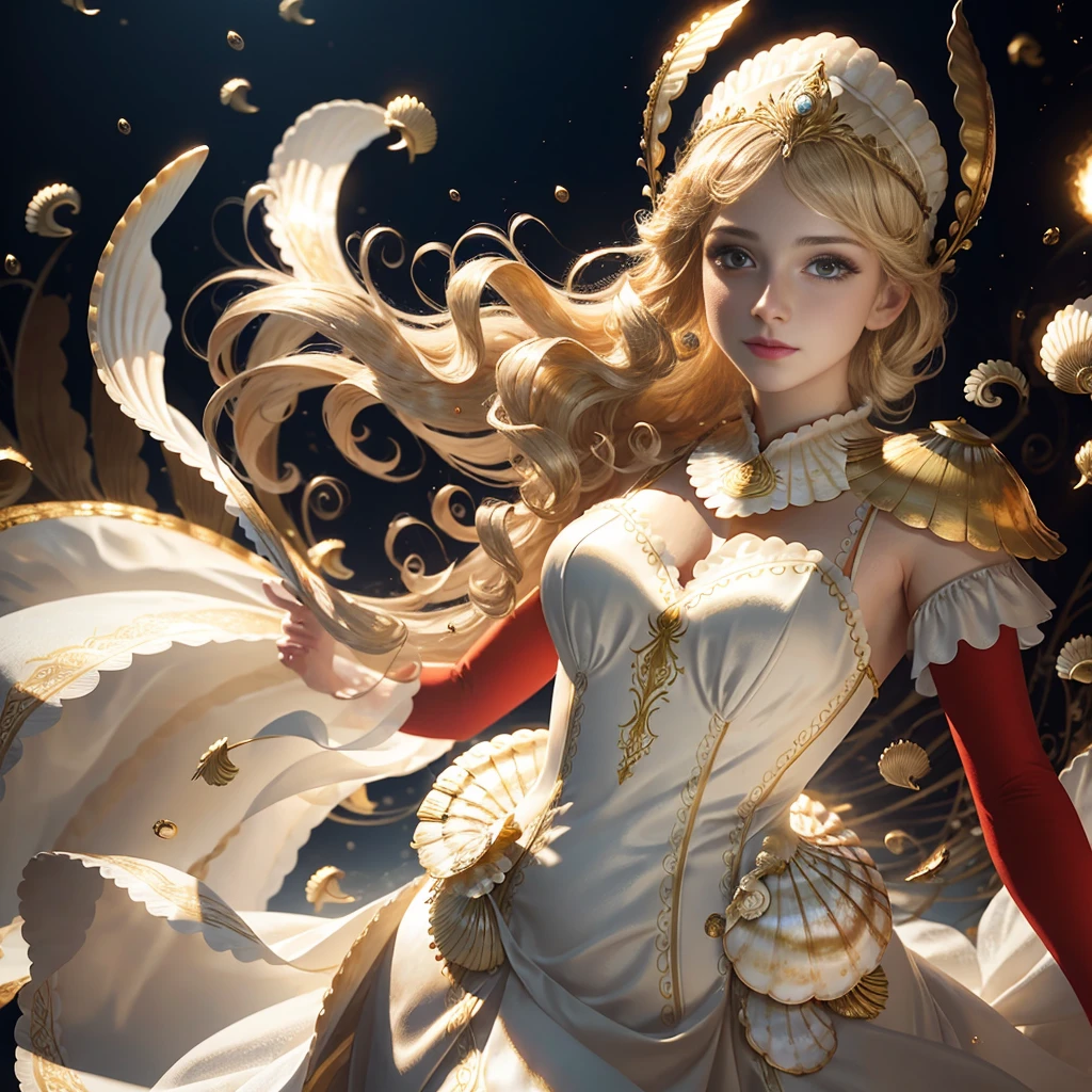 masterpiece, highest quality, solo focus, (perfect face:1.1) , (high detail:1.1), (dramatic, 1.5), 1 beautiful female:1.3, (30yo:1.3), (blonde curled hair:1.2), (gold jewelry), (scallop shell headdress:1.3) (alluring looks:.3), (dresses in simple white gown), (limned in bright light), hyper detailed, digital art, studio quality, smooth render, unreal engine 5 render, octane render, 8K, particle effects,