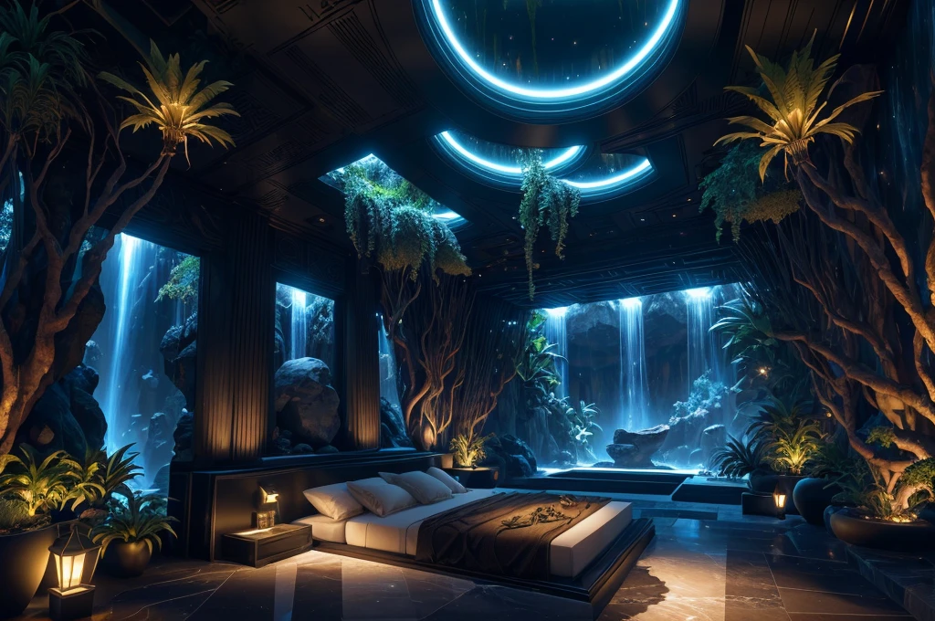 incredible black luxurious futuristic bedroom interior in Ancient Egyptian style with many (((lush plants))) (lotus flowers), ((palm trees)), rocky walls, (sand), ((waterfalls)) (marble), ((precious minerals)), ((metals)), (gemstones), crystals, clouds and (water), (hieroglyphics), ((trees and plants made out of gemstones and precious minerals, gemstones and lights)), (((ultra luxury))), (black marble) – with ((beautiful lights)), Unreal Engine, HQ, 16k