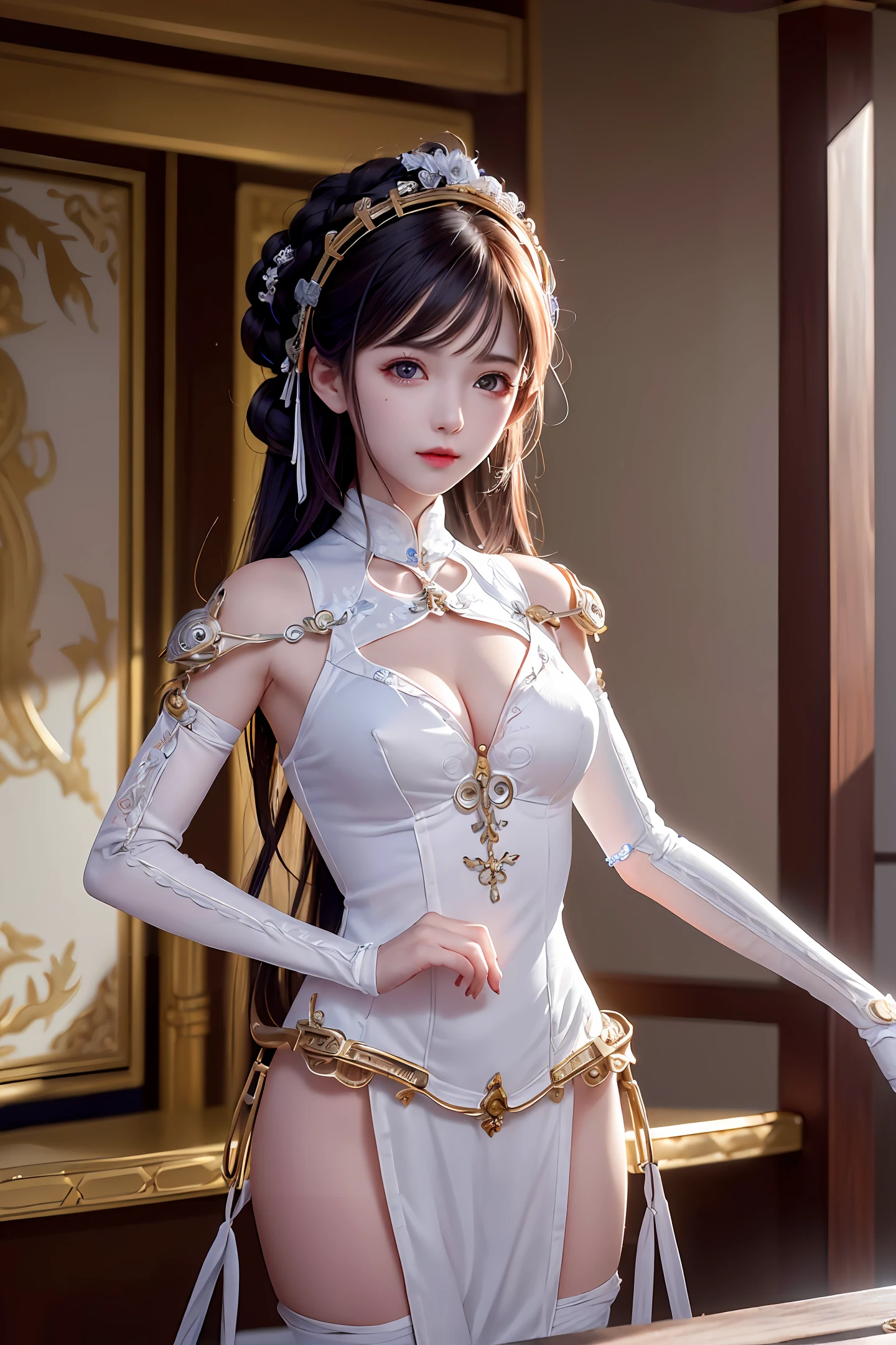 (((masterpiece))), (((best quality))), ((ultra-detailed)), (highly detailed CG illustration), ((an extremely delicate and beautiful)),cinematic light,((1mechanical girl)),solo,(cowboy shot:1.2),(machine made joints:1.2),((machanical limbs)),(blood vessels connected to tubes),(mechanical vertebra attaching to back),((mechanical cervial attaching to neck)),expressionless,(wires and cables attaching to neck:1.2),(wires and cables on head:1.2),(character focus),science fiction,extreme detailed,colorful,highest detailed, loongs,fengs,background,