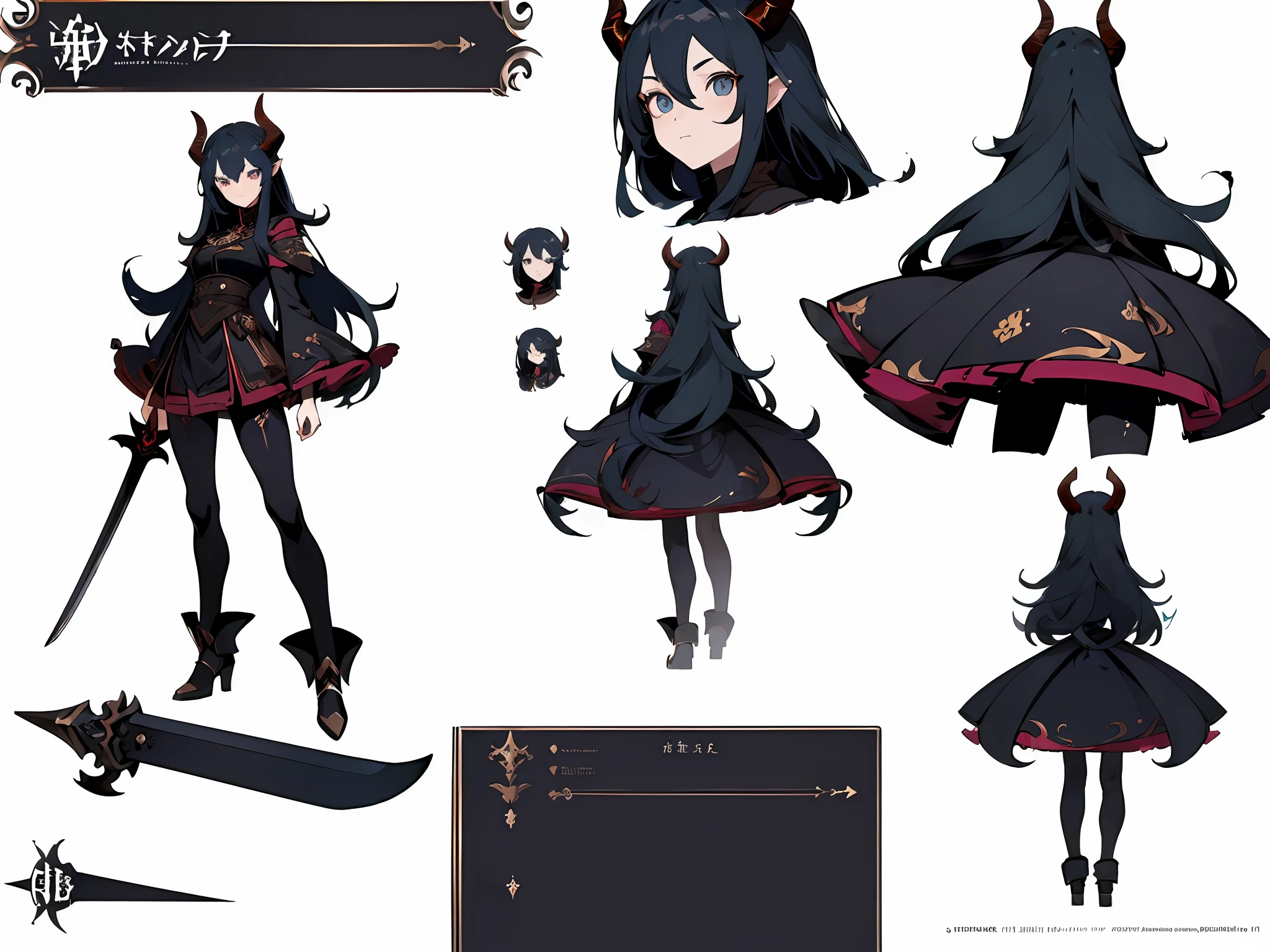 ((masterpiece)),(((best quality))),((character design sheet,same character,front,side,back)),illustration,1 girl,long hair,hair on eyes,beautiful eyes,environment Scene change, pose too, female demon, horns, holds a ssword, charturnbetalora, (simple background, white background: 1.3)