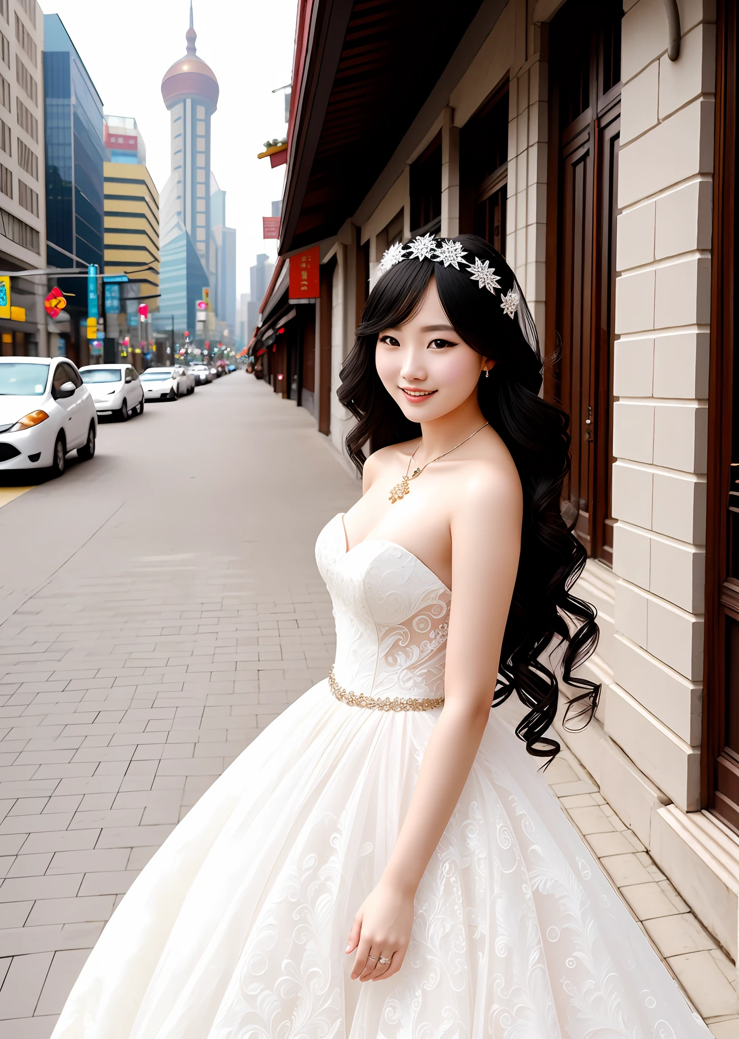 Fashion model photography, wedding dress with phoenix pattern, beautiful figure, medium shot, beautiful Shanghai girl, long hair, hair accessories, necklace, pale skin, smiling, background is Shanghai Bund, high texture, natural light