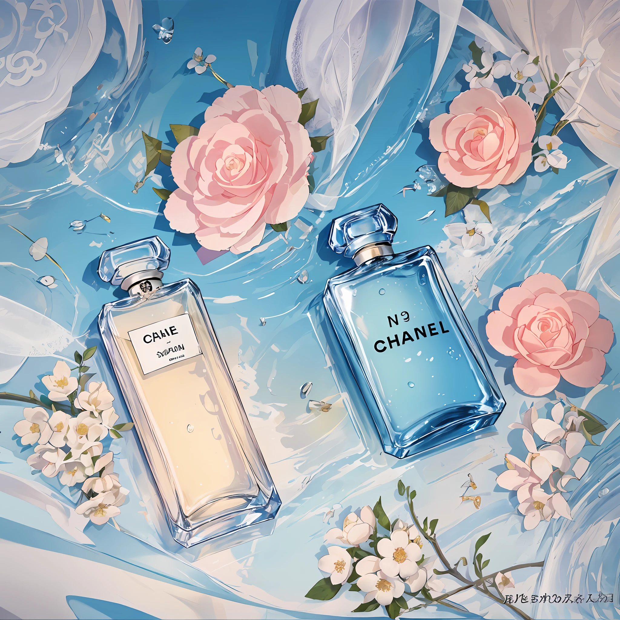 Chanel No. 5 Chanel eap, Chanel, perfume, hyper-realistic scene, retain the original appearance of the bottle, generate a good-looking background atmosphere, Product photography of a perfume bottle arranged with plants and flowers, realistic, light background, realistic rendering, blue sky background, water , Sunlight, Low View, Blender, Product Rendering, HD 8K --v 6