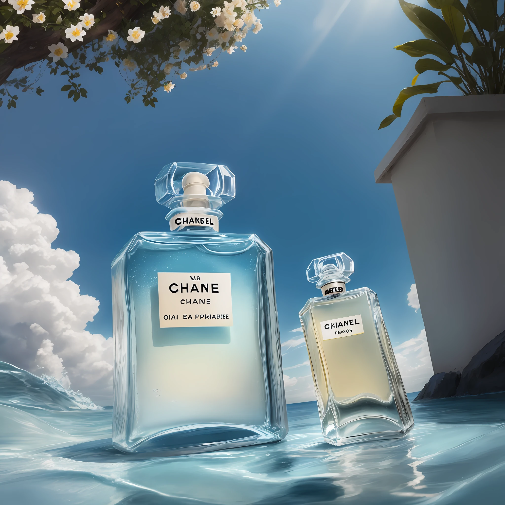 Chanel No. 5 Chanel eap, Chanel, perfume, hyper-realistic scene, retain the original appearance of the bottle, generate a good-looking background atmosphere, Product photography of a perfume bottle arranged with plants and flowers, realistic, light background, realistic rendering, blue sky background, water , Sunlight, Low View, Blender, Product Rendering, HD 8K
