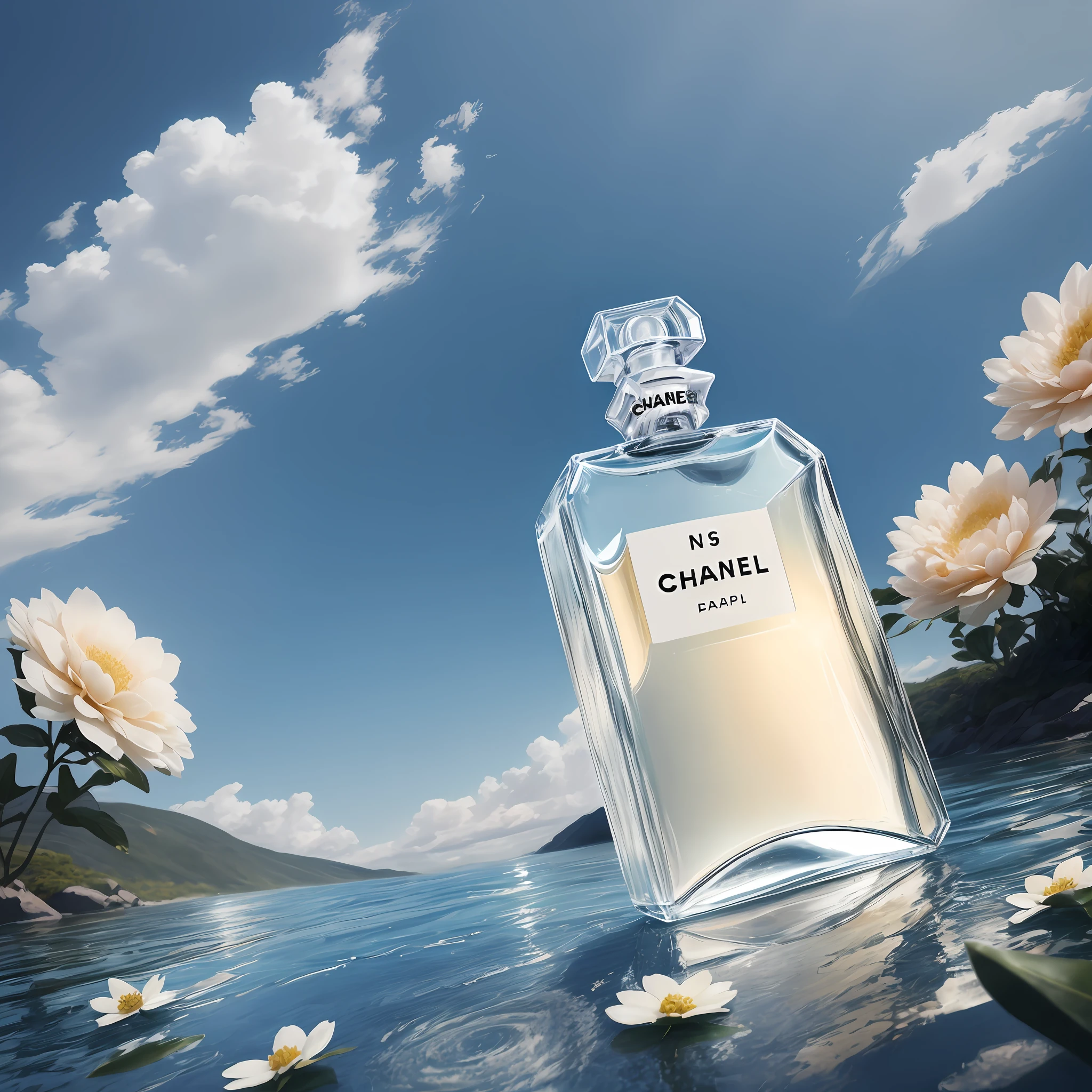 Chanel No. 5 Chanel eap, Chanel, perfume, hyper-realistic scene, retain the original appearance of the bottle, generate a good-looking background atmosphere, Product photography of a perfume bottle arranged with plants and flowers, realistic, light background, realistic rendering, blue sky background, water , Sunlight, Low View, Blender, Product Rendering, HD 8K