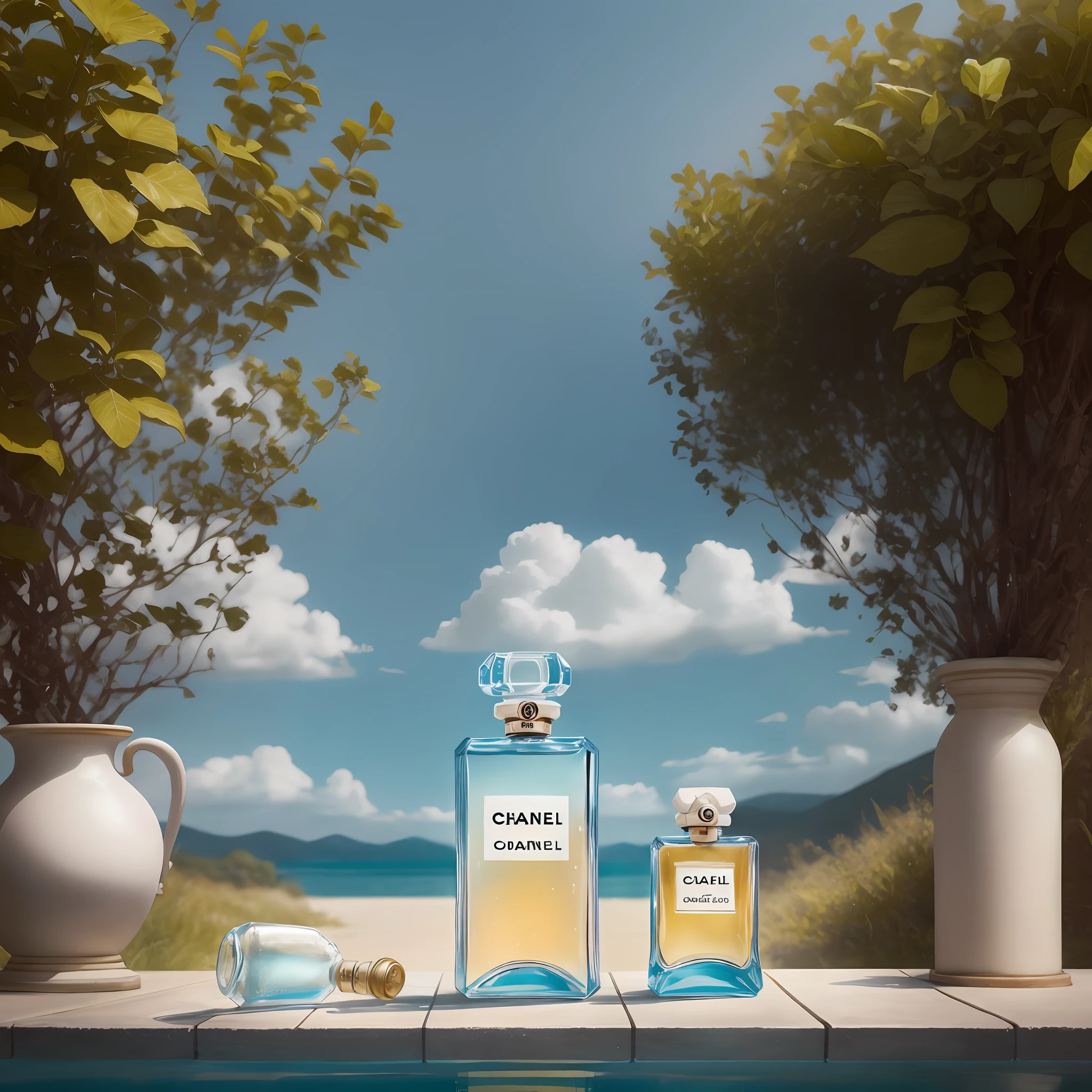 Chanel No. 5 Chanel eap, Chanel, perfume, hyper-realistic scene, retain the original appearance of the bottle, generate a good-looking background atmosphere, Product photography of a perfume bottle arranged with plants and flowers, realistic, light background, realistic rendering, blue sky background, water , Sunlight, Low View, Blender, Product Rendering, HD 8K