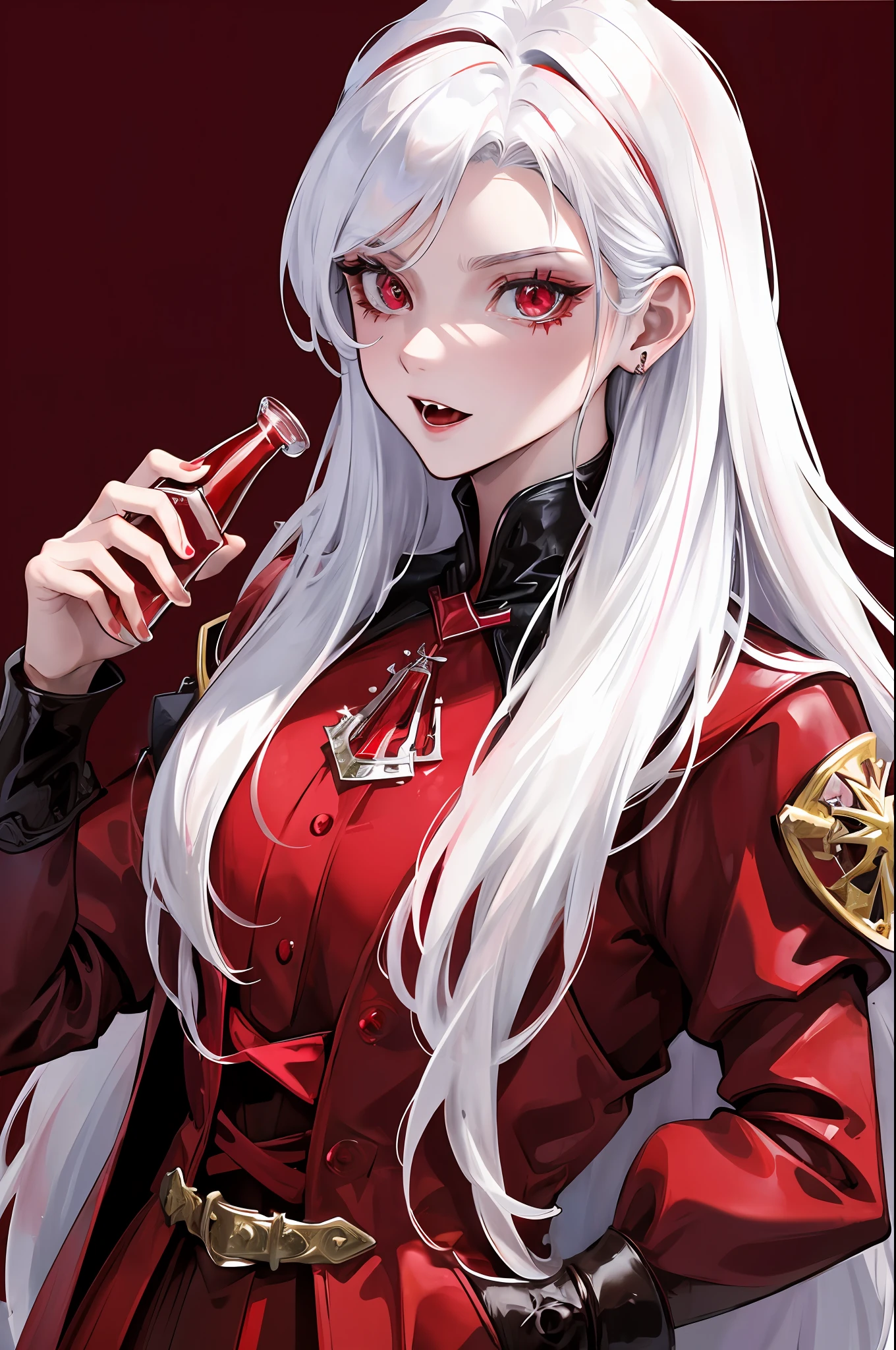 vampire, red alchemy potions, red alchemy potion, potion bottle, glowing red potion, masterpiece, best quality, ultra-detailed, illustration, ultra-detailed face, best quality face, evil, 30 years old, adult, 1girl, 30 years old, no human, white hair, alchemy outfit, intricate detailed outfit