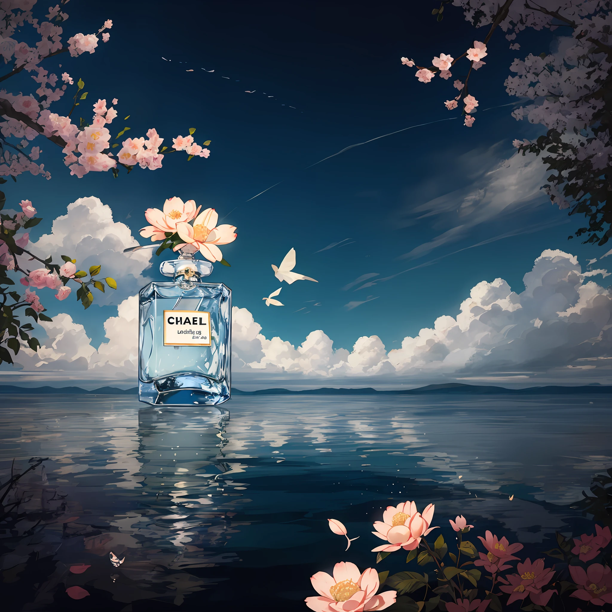 Chanel No. 5 Chanel eap, Chanel, perfume, hyper-realistic scene, retain the original appearance of the bottle, generate a beautiful background atmosphere, Product photography of a perfume bottle arranged with plants and flowers, realistic, light background, realistic rendering, the background is all flowers , blue sky background, water, sunlight, low angle view, blender, product rendering, HD 8K --v 6
