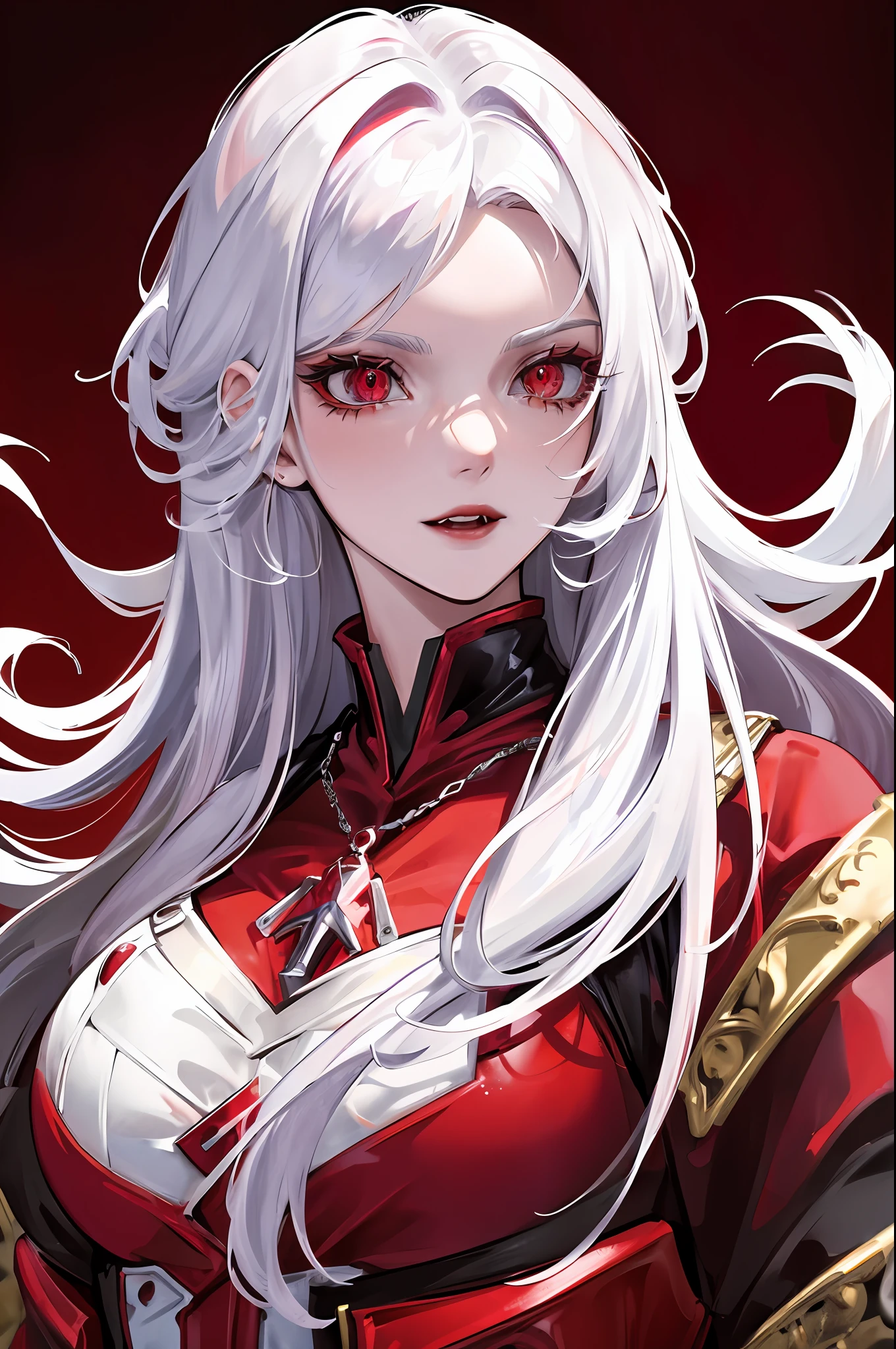 vampire, red alchemy potions, red alchemy potion, potion bottle, glowing red potion, masterpiece, best quality, ultra-detailed, illustration, ultra-detailed face, best quality face, evil, 30 years old, adult, 1girl, 30 years old, no human, white hair, alchemy outfit, intricate detailed outfit