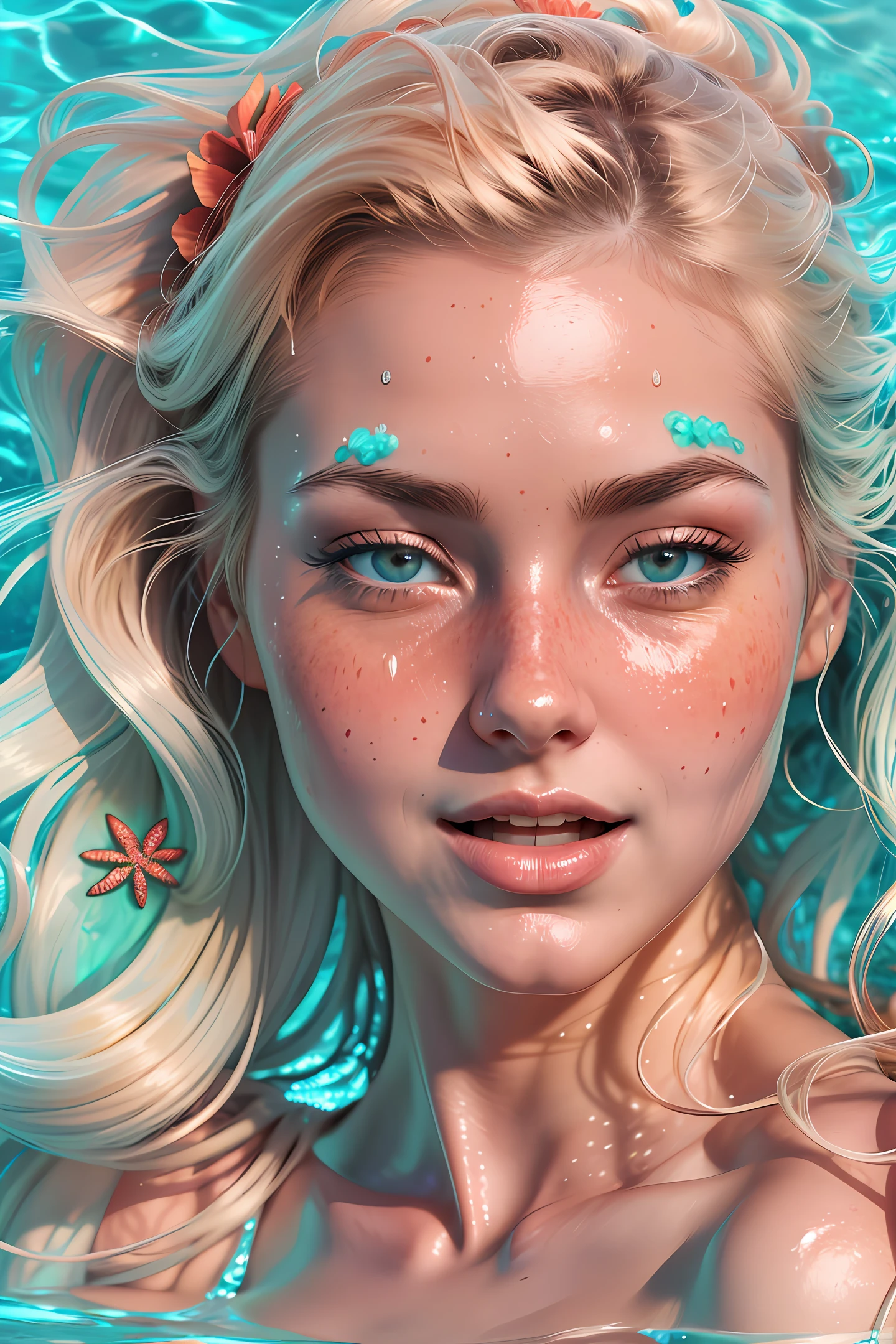 fully bikini beautiful girl, floats, underwater, open mouth, with flowing hair, with freckles on the face, with flowers on her head, (blue eyes:0.7), air bubbles, skin texture, the lights of a sun, reflection from wet, bulbs, among the coral reef, detail face, detail backgrounds little blur, natural lights, HDR, photo realistic, SSS skin, professional photo, flirt with the viewer, sexy look, extremely detailed, CG unity 8k-variation --v 6