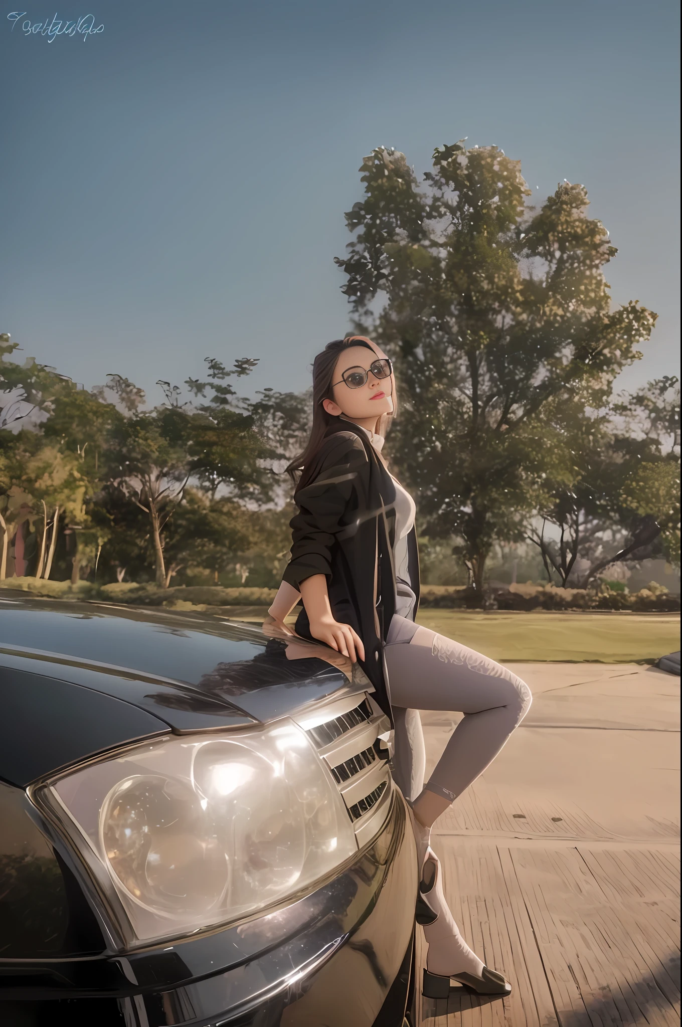best quality, masterpiece, highres, 1girl,blush,(seductive smile:0.8),star-shaped pupils, Beautiful face,upon_body, tyndall effect,photorealistic, dark studio, rim lighting, two tone lighting,(high detailed skin:1.2), 8k uhd, dslr, soft lighting, high quality, volumetric lighting, candid, Photograph, high resolution, 4k, 8k, Bokeh,black car