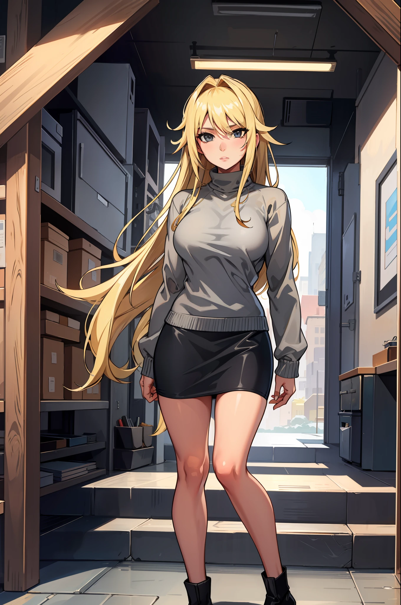 masterpiece, best quality, agrias, grey sweater, black skirt, standing, looking at viewer, blonde hair