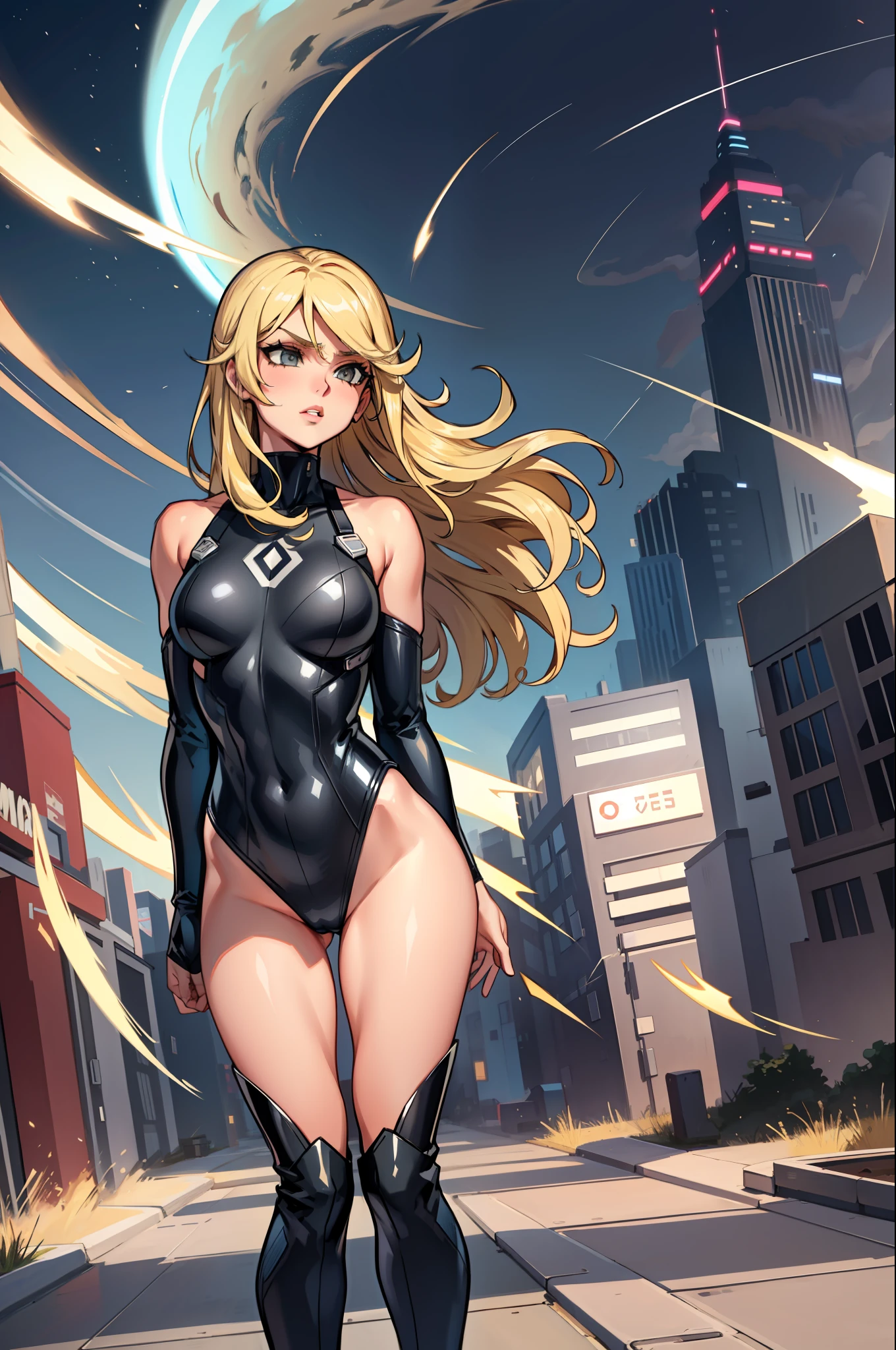 masterpiece, best quality, agrias, grey sweater, black leotard, twirl, spin, blonde hair, superhero, boots, tornado, whirlwind, solo, bare legs, whirl, wind effects, spinning into a tornado, fast spin, stand, time travel, travelling through time, highleg, perfect hands, perfect fingers, highleg leotard, powering up, tornado swirls