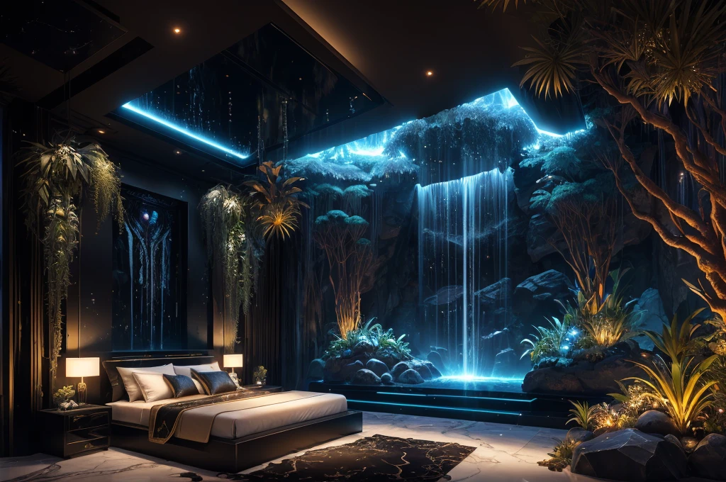 incredible black luxurious futuristic bedroom interior in Ancient Egyptian style with many (((lush plants))) (lotus flowers), ((palm trees)), (flowers), rocky walls, (sand), ((waterfalls)) (marble), ((precious minerals)), ((metals)), (gemstones), crystals, clouds and (water), (hieroglyphics), ((trees, flowers, plants made out of gemstones and precious minerals, gemstones and lights)), (((ultra luxury))), (black marble) – with ((beautiful lights)), Unreal Engine, HQ, 16k