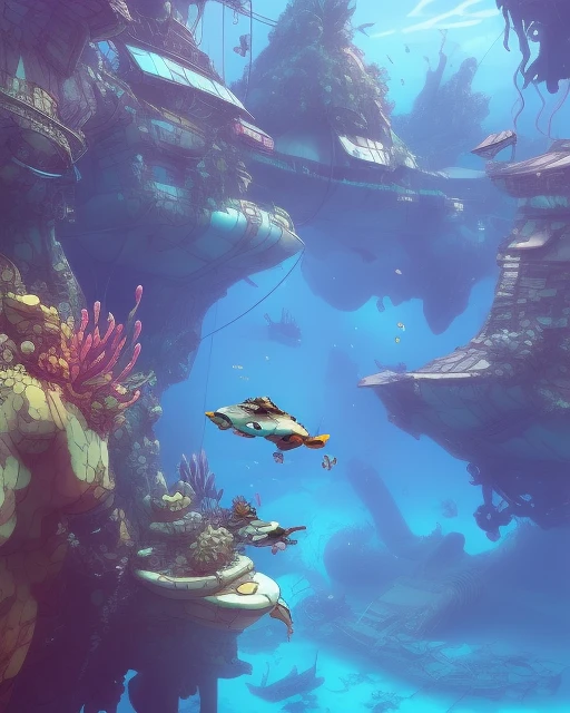 Underwater World ,ship wreck,beautiful seabuds,reef,disney like,water splash,overwatch style,3d,cgsociety art style,award winning.detailed,hd.