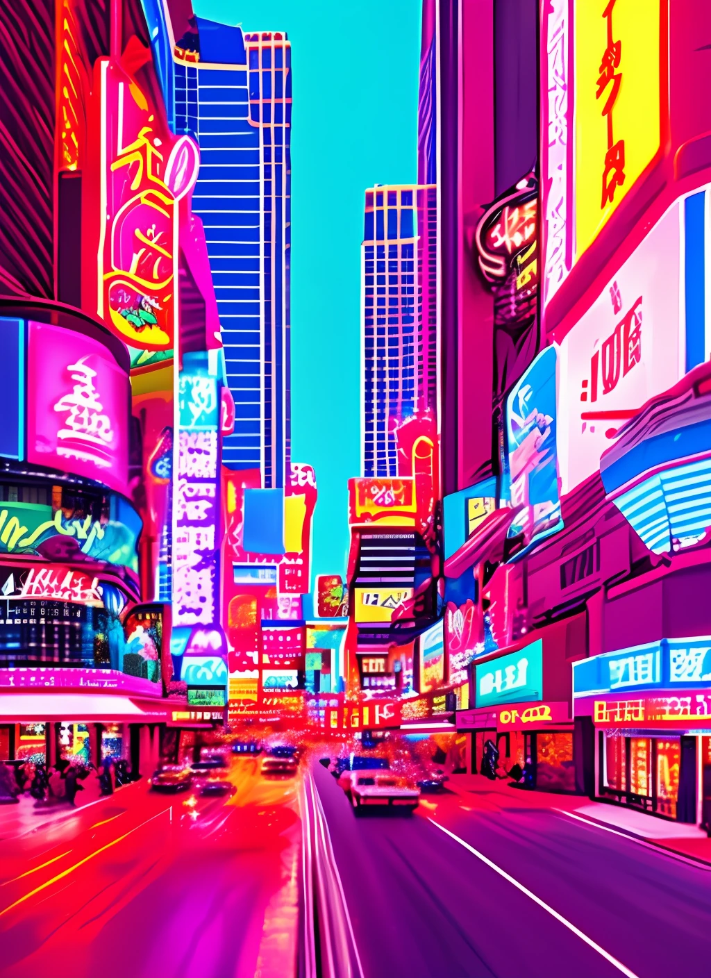 A vast, endless version of Las Vegas, colored lights everywhere, bright colors like a hiroshi nagai illustration, hookers and drug dealers everywhere, advertisements line every visible space, the entire world looks like the inside of a mall