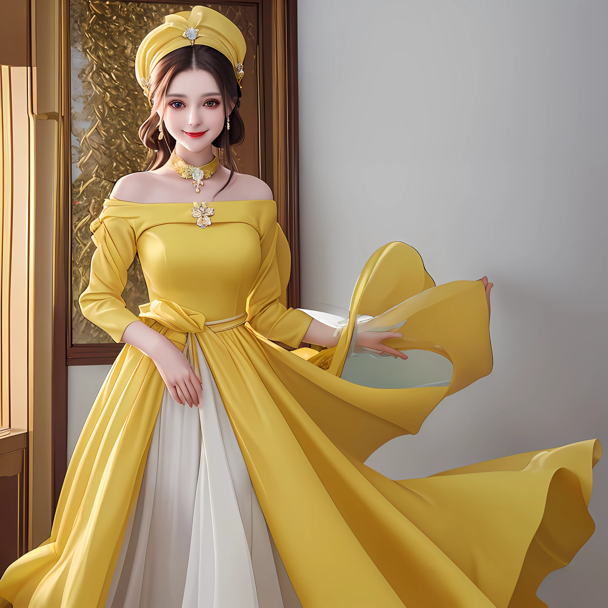 An elegant and intelligent woman in yellow clothes stood at the door with a smile, her skin was as radiant as snow, and her eyes were like a pool of clear water. gas.