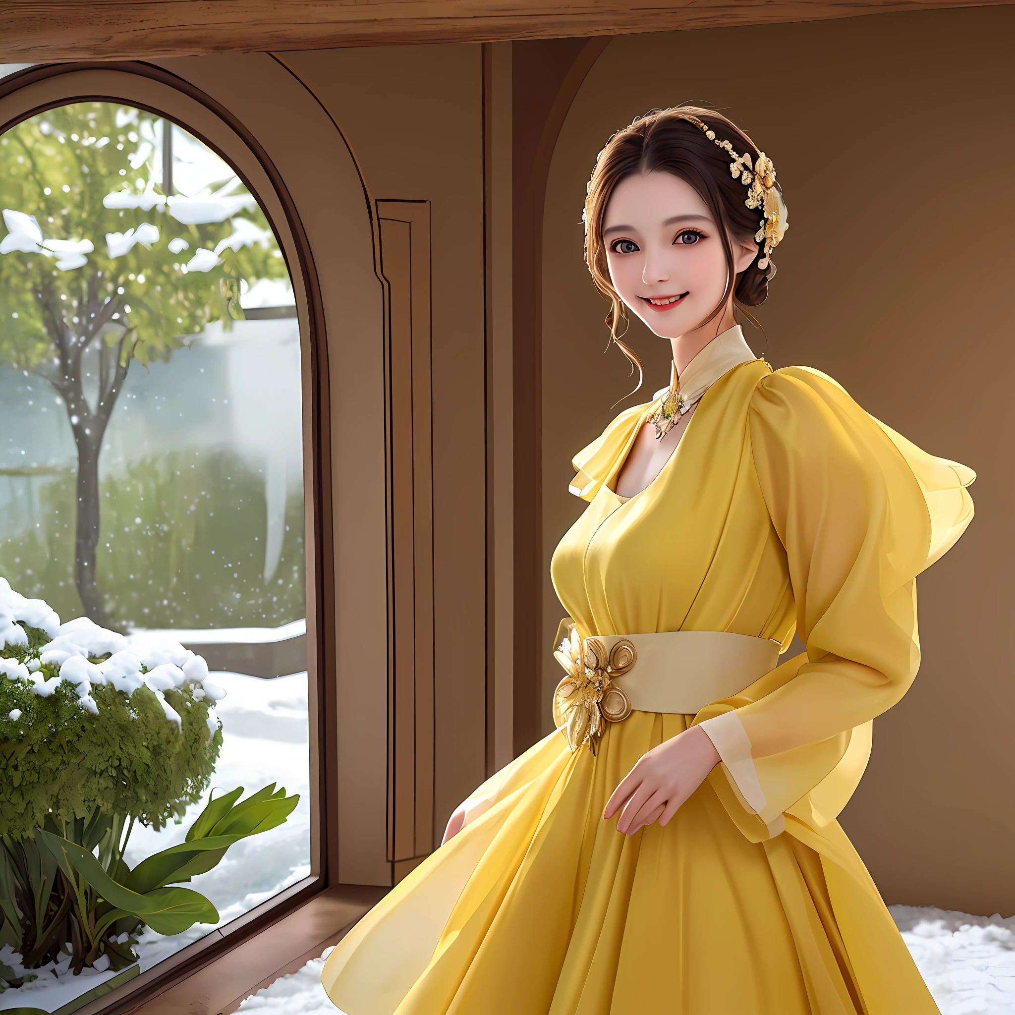 An elegant and intelligent woman in yellow clothes stood at the door with a smile, her skin was as radiant as snow, and her eyes were like a pool of clear water. gas.
