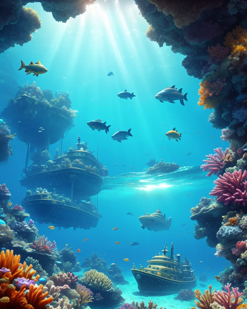 Underwater atlantic world ,ship wreck,beautiful seabuds,reef,disney like,water splash,overwatch style,3d,cgsociety art style,award winning.detailed,hd,sunrays,reflection,HDR, photo realistic,natural lights,extremely detailed, CG unity