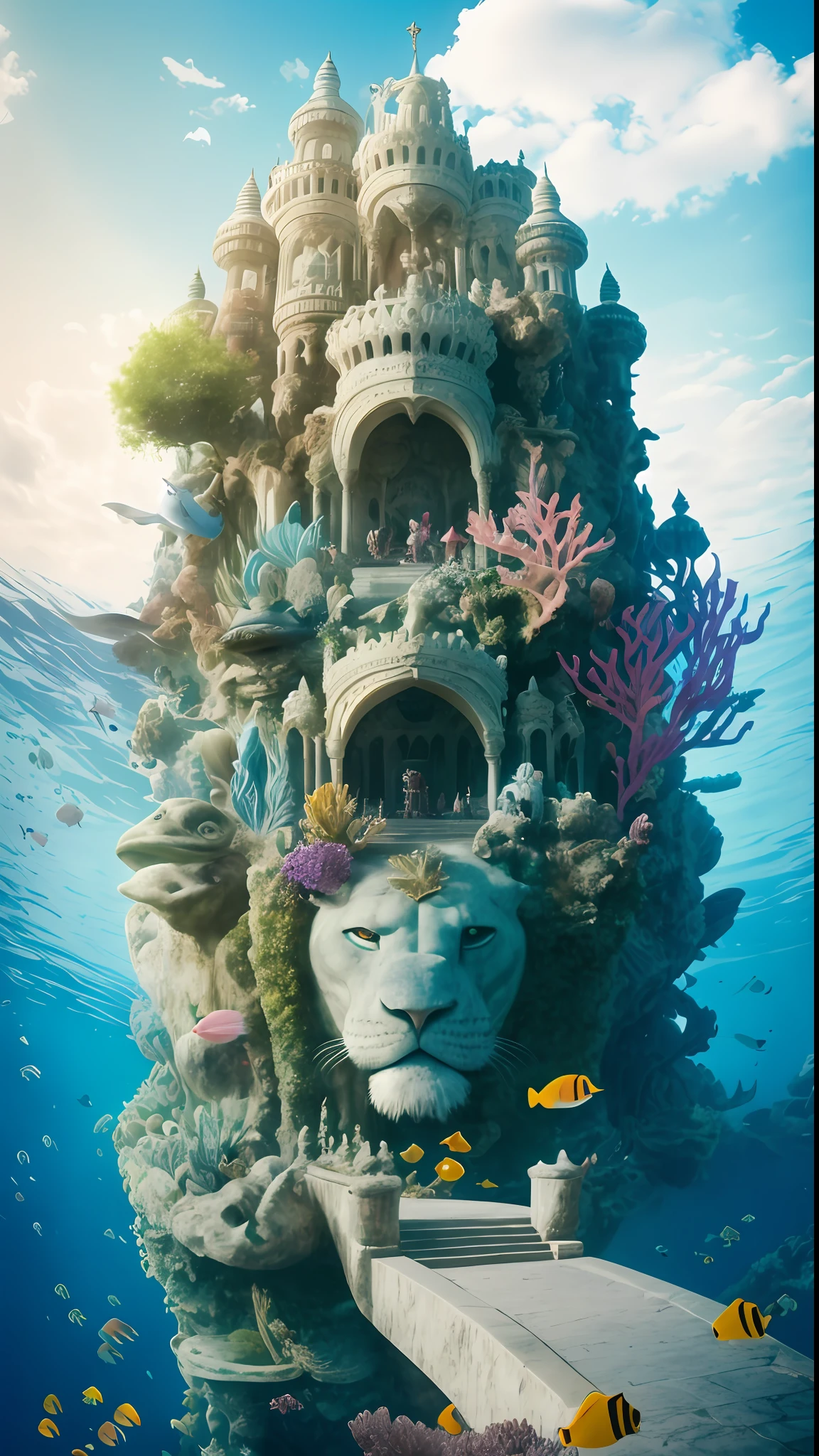 In the deep sea, in the sea, the palace of the underwater world is built on the mountain, and a huge stone lion guards in front of the palace, showing the majesty of the king. The interior layout of the palace is exquisite, and the dragon pillars are carved with lifelike mysterious creatures, as if listening to everything in the palace. Every corner exudes a different atmosphere, there is a quiet river, and a quiet garden, with bright lights, shining like a starry sky. All kinds of fish swimming in the water are dancing, and the colorful corals and shells are like works of art, adorning the entire underwater world palace. Here, it seems to have traveled to a mysterious and wonderful kingdom. Countless fish, sharks, turtles, and bubbles floating around