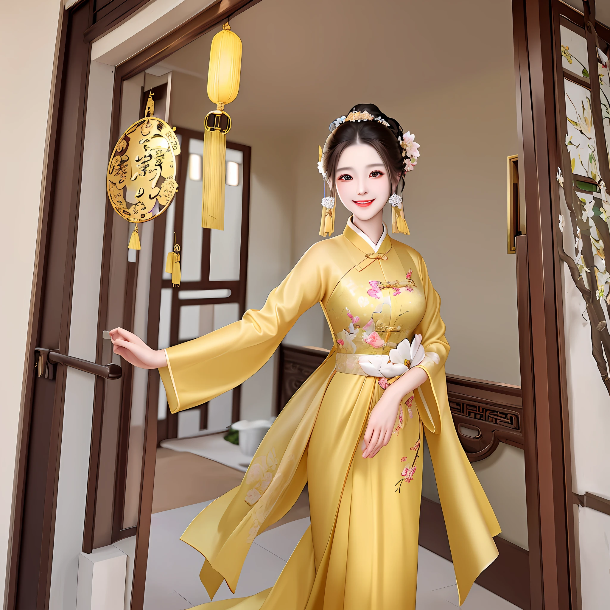 An elegant and intellectual woman in classical Chinese yellow clothes stood at the door with a smile, her skin was more radiant than snow, and her eyes were like a pool of clear water. fresh air.