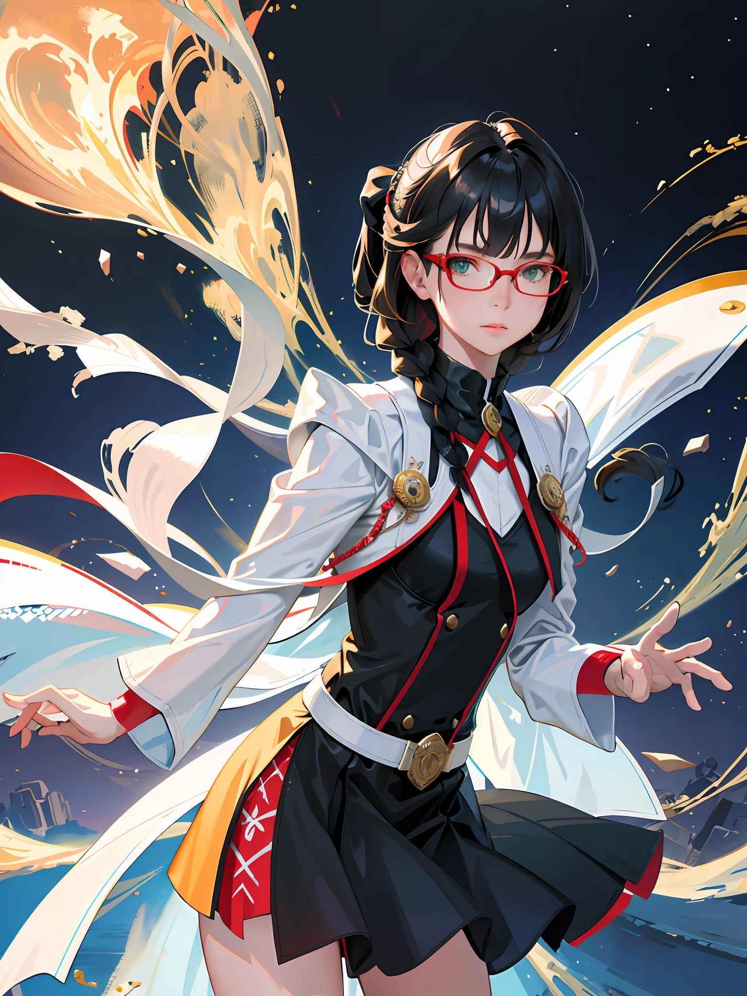 (max resolution, different_image), best quality, masterpiece, high detail, semi-realistic,(max resolution, different_image), best quality, masterpiece, high detail, semi-realistic, max face resolution. ,adult,feminine,small size,black hair,double braid hairstyle,bang bang,green eyes,red glasses,in formal dress,uniform,white coat,dark expression,future,science fiction ,space war,standing in front of fighter jets,future,science fiction,universe