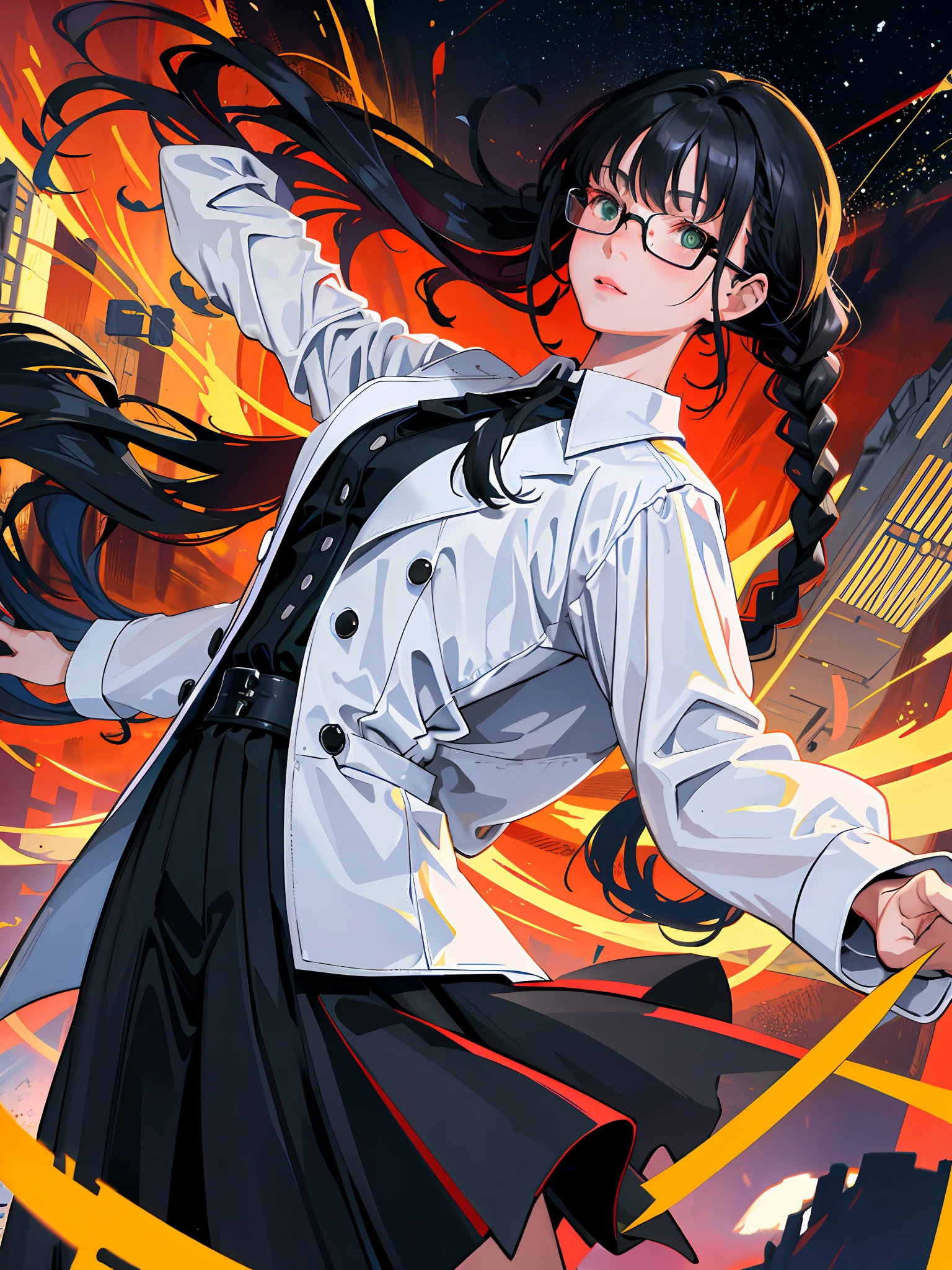(max resolution, different_image), best quality, masterpiece, high detail, semi-realistic,(max resolution, different_image), best quality, masterpiece, high detail, semi-realistic, max face resolution. ,adult,feminine,small size,black hair,double braid hairstyle,bang bang,green eyes,red glasses,in formal dress,uniform,white coat,dark expression,future,science fiction ,space war,standing in front of fighter jets,future,science fiction,universe
