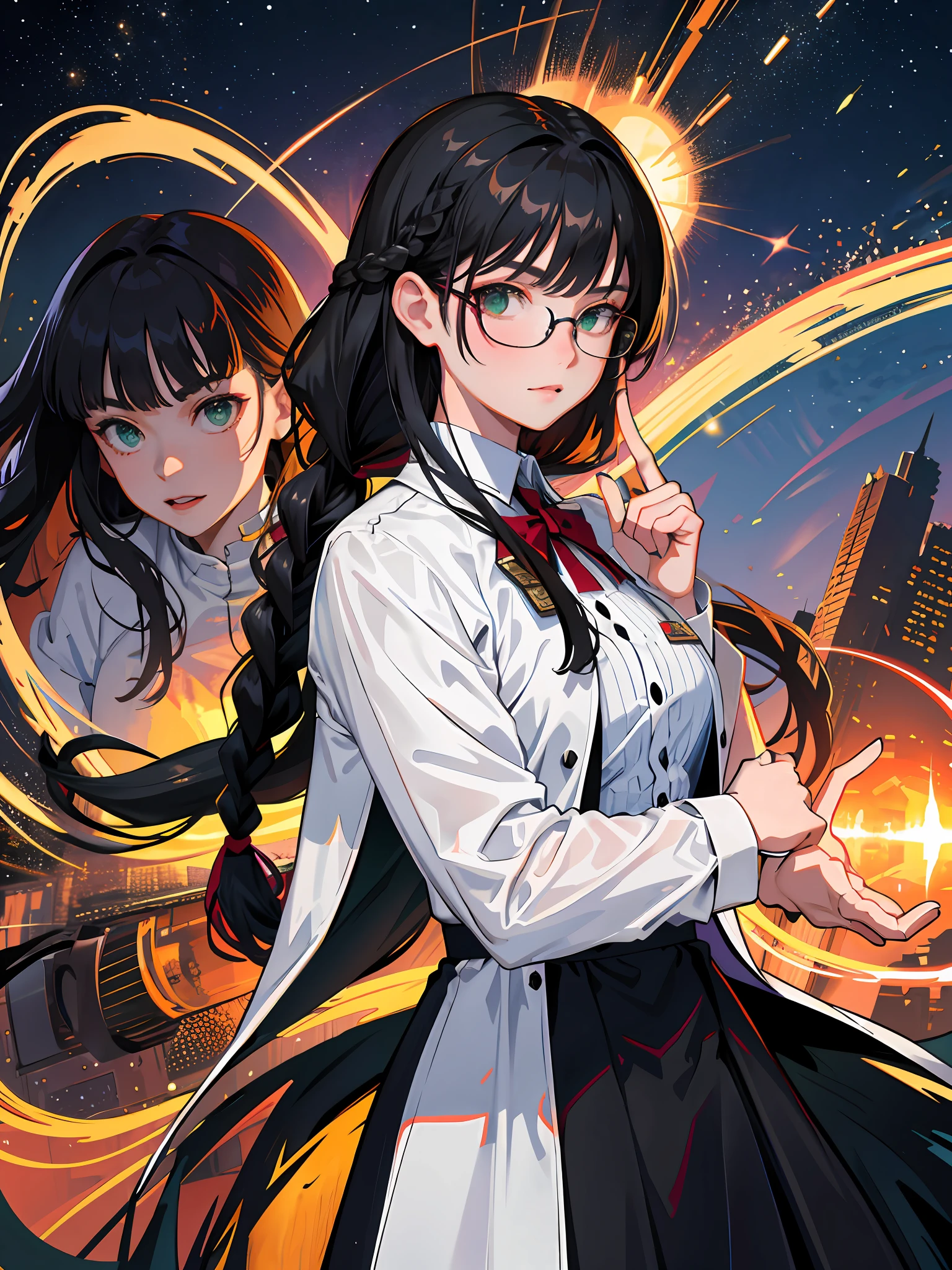 (max resolution, different_image), best quality, masterpiece, high detail, semi-realistic,(max resolution, different_image), best quality, masterpiece, high detail, semi-realistic, max face resolution. ,adult,feminine,small size,black hair,double braid hairstyle,bang bang,green eyes,red glasses,in formal dress,uniform,white coat,dark expression,future,science fiction ,space war,standing in front of fighter jets,future,science fiction,universe