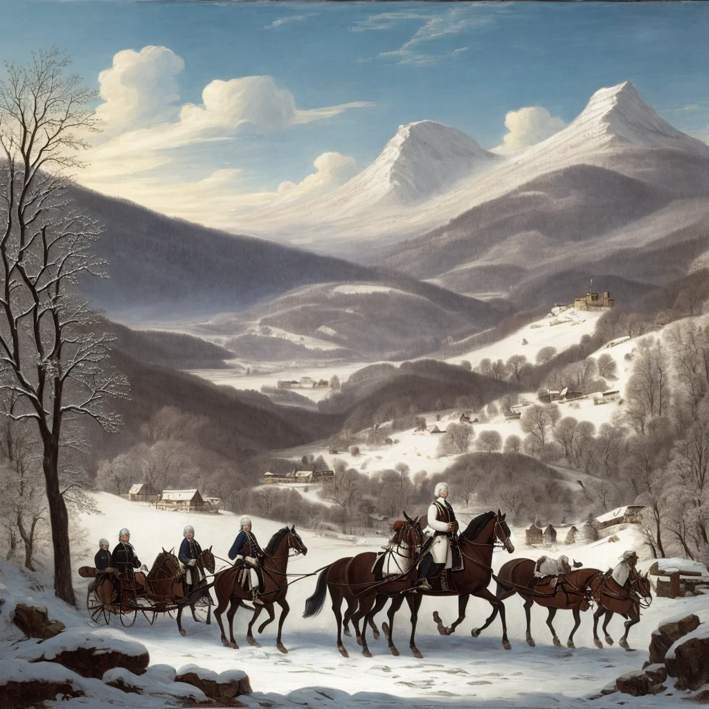 George Washington in Morristown during the winter, observing his troops, 1700's dramatic landscape painting