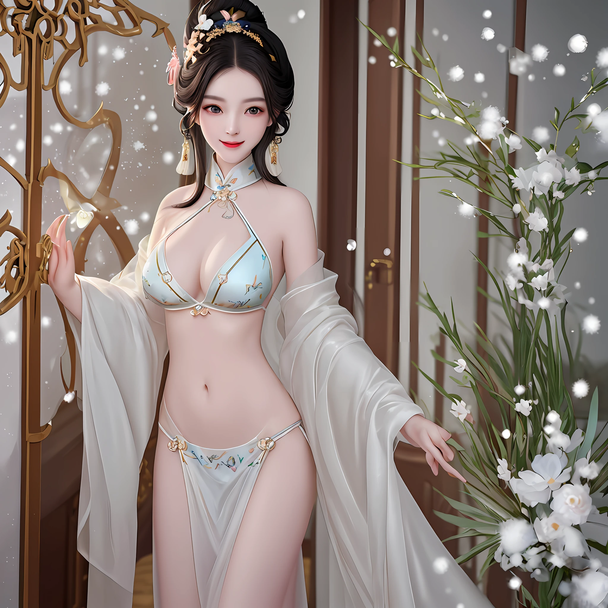 An elegant and intellectual classical Chinese woman, wearing an ultra-thin translucent ultra-narrow bikini, which can be seen through. The woman is standing at the door with a smile on her face. Her skin is more radiant than snow, and her eyes are like a pool of clear water. The woman's appearance is extremely beautiful, and she is really dizzy like a pearl , the beautiful jade is shining, and there is a bookish air between the brows and eyes.