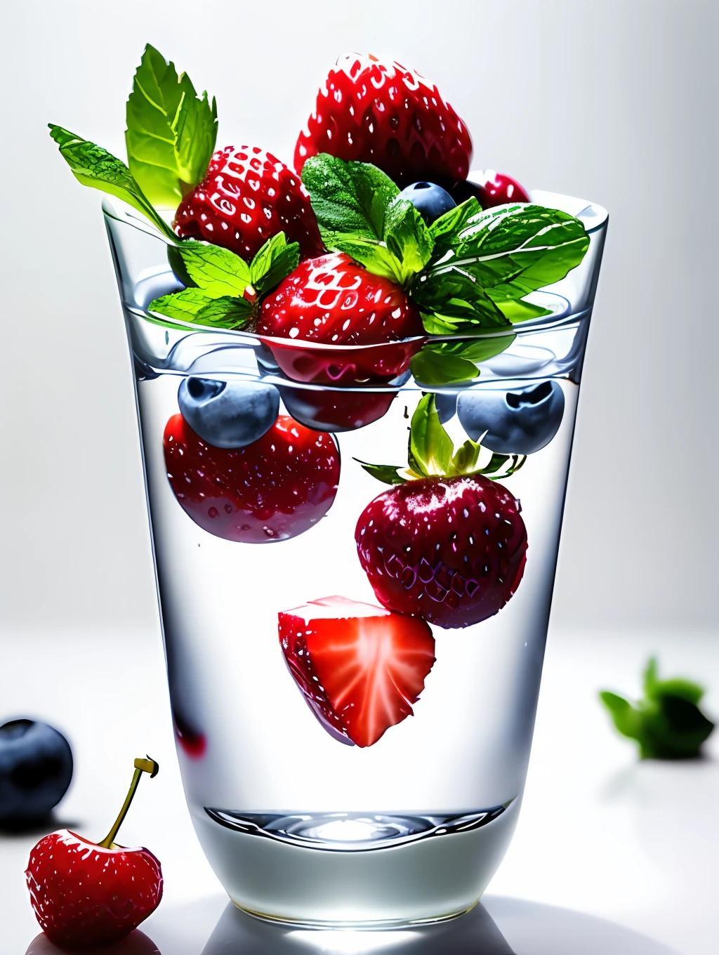 Front view of a piece of fruit without containers, strawberries, cherries, ice cubes, mint leaves, blueberries, cherries in random arrangement, white background, style with powerful liquid explosion, juice splashes, liquid dynamics, visual impact, ultra-detailed and realistic,
