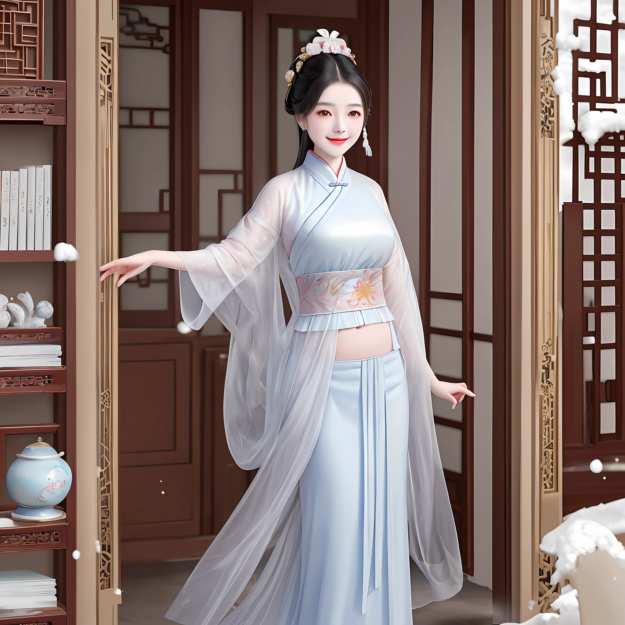 An elegant and intellectual classical Chinese woman, wearing a bellyband, standing at the door with a smile on her face, her skin is more radiant than snow, and her eyes are like a pool of clear water. There is a faint air of books.