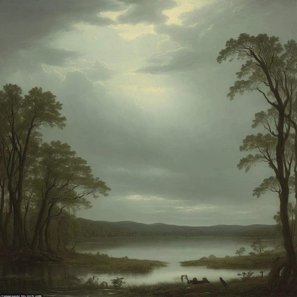 n this 19th-century oil painting, a mythical creature is subtly suggested beneath the murky waters of a New Jersey lake. The scene, steeped in drama and moodiness, captures a historical depiction of local folklore. The swampy lake setting adds an element of mystery and intrigue, hinting at the lurking presence of a lake monster.
