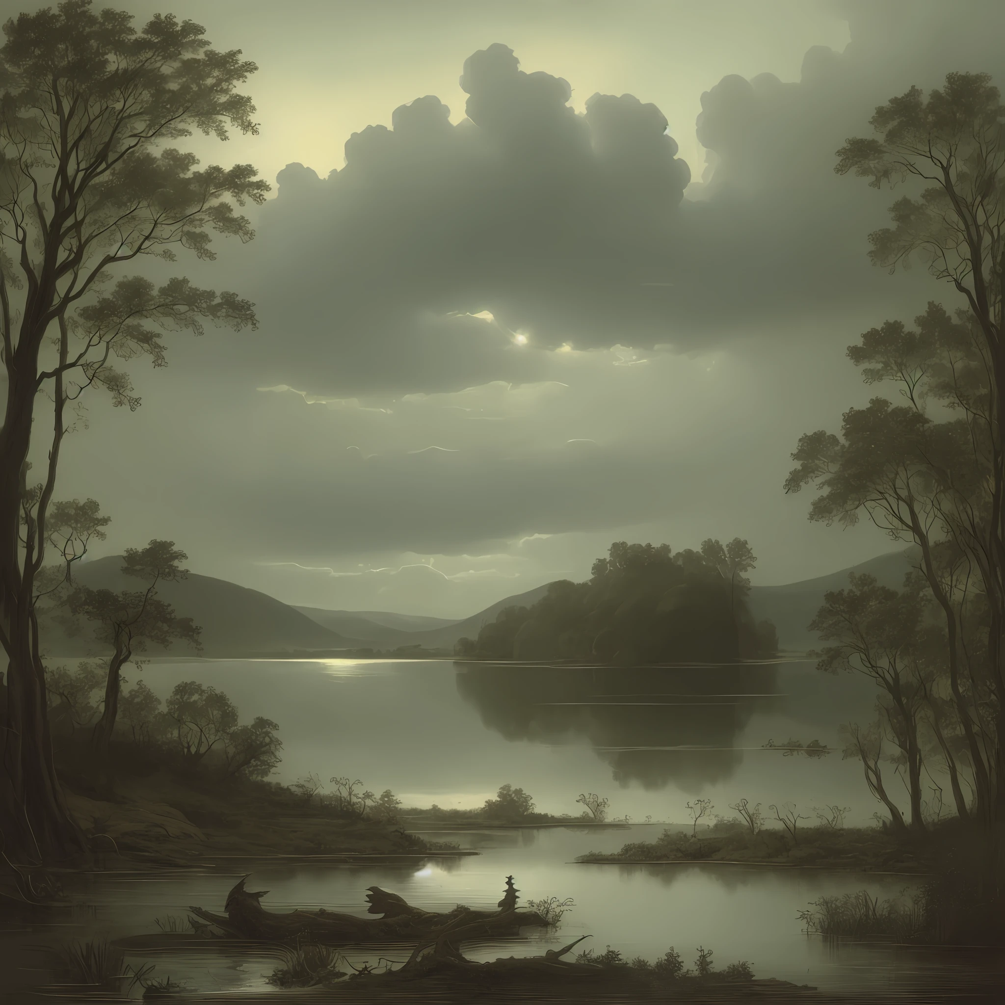 n this 19th-century oil painting, a mythical creature is subtly suggested beneath the murky waters of a New Jersey lake. The scene, steeped in drama and moodiness, captures a historical depiction of local folklore. The swampy lake setting adds an element of mystery and intrigue, hinting at the lurking presence of a lake monster.