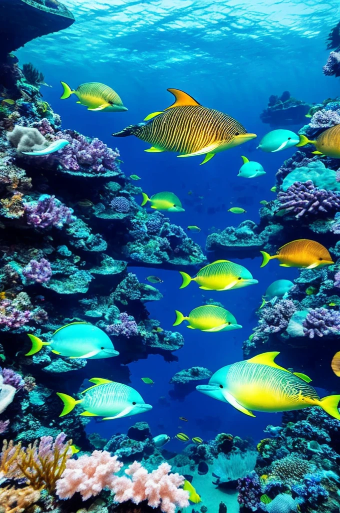 A living underwater city, illuminated by bioluminescent corals and aquatic plants, where fish of all kinds swim gracefully around. In the city center, there is a huge, ornate shell throne adorned with pearls and shell jewellery, surrounded by colorful fish, and carriages drawn by dolphins carry dignitaries to the palace.
