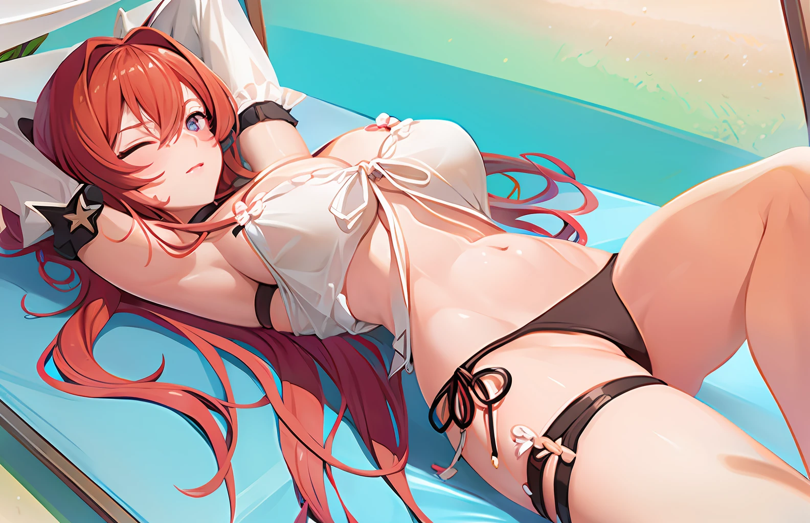 Sexy bikini beauty, lying on a deck chair basking in the sun, sexy lazy figure, thigh splits, blushing cheeks, shy face