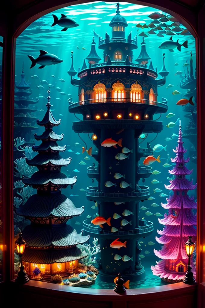A living underwater city, illuminated by bioluminescent corals and aquatic plants, where fish of all kinds swim gracefully around. In the city center, there is a huge, ornate shell throne adorned with pearls and shell jewellery, surrounded by colorful fish, and carriages drawn by dolphins carry dignitaries to the palace.